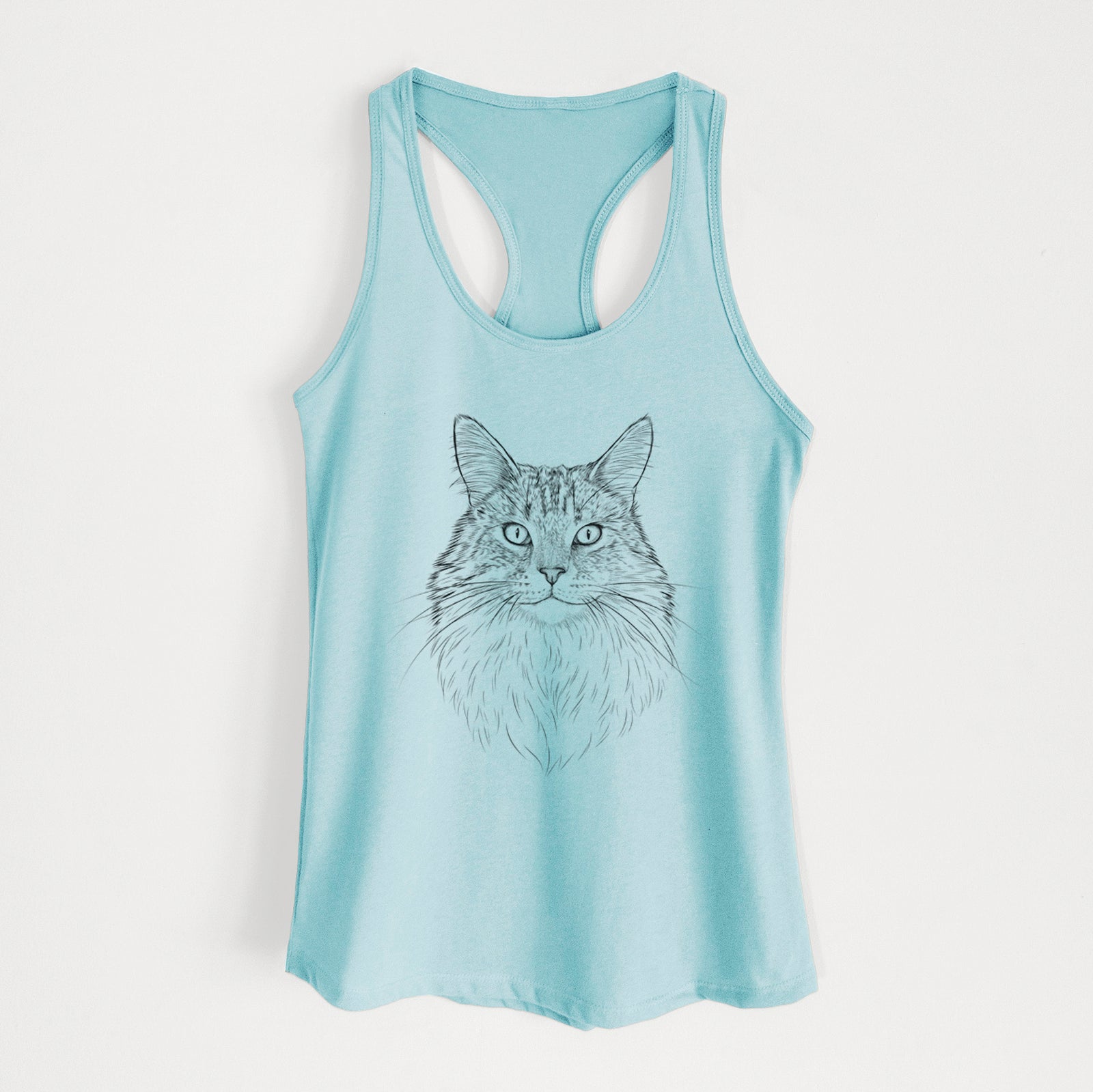 Hand-drawn sketch of Angel the Maine Coon Cat on a Cancun Blue Women's racerback tanktop