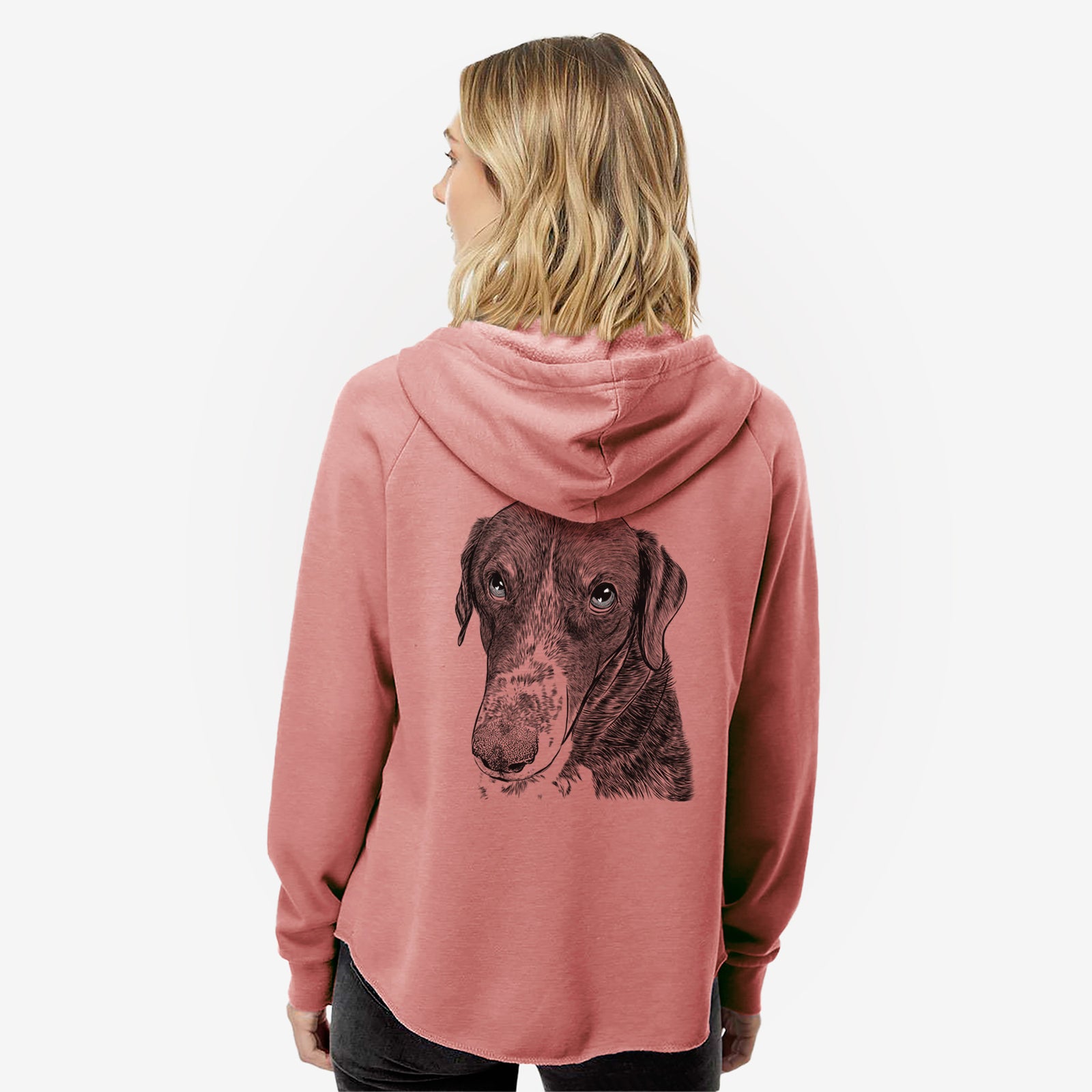 Hand-drawn sketch of Angel Orion the Mixed Breed on a Dusty Rose Women's cali wave zip-up sweatshirt