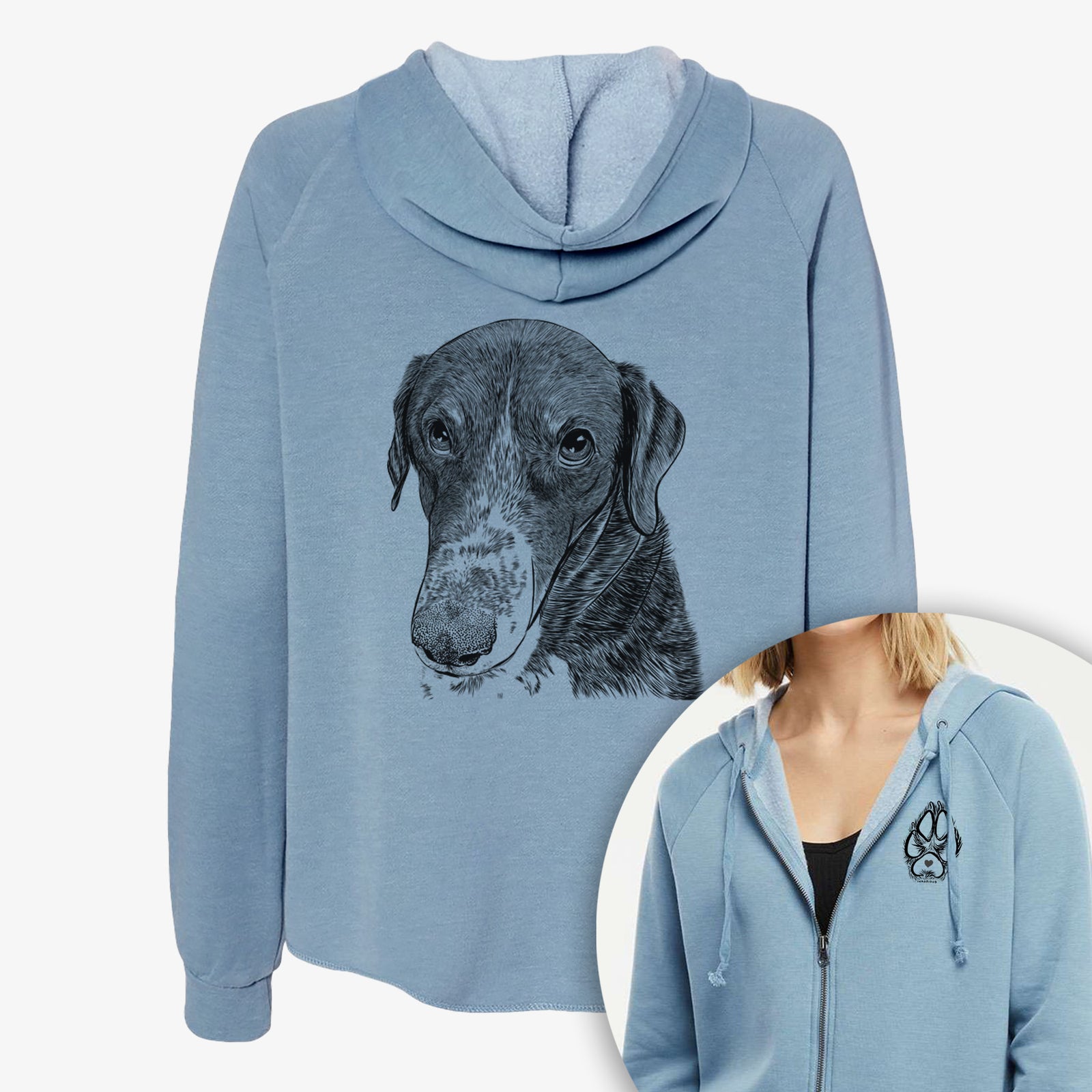 Hand-drawn sketch of Angel Orion the Mixed Breed on a Women's cali wave zip-up sweatshirt, shown with icons of the other available costume styles