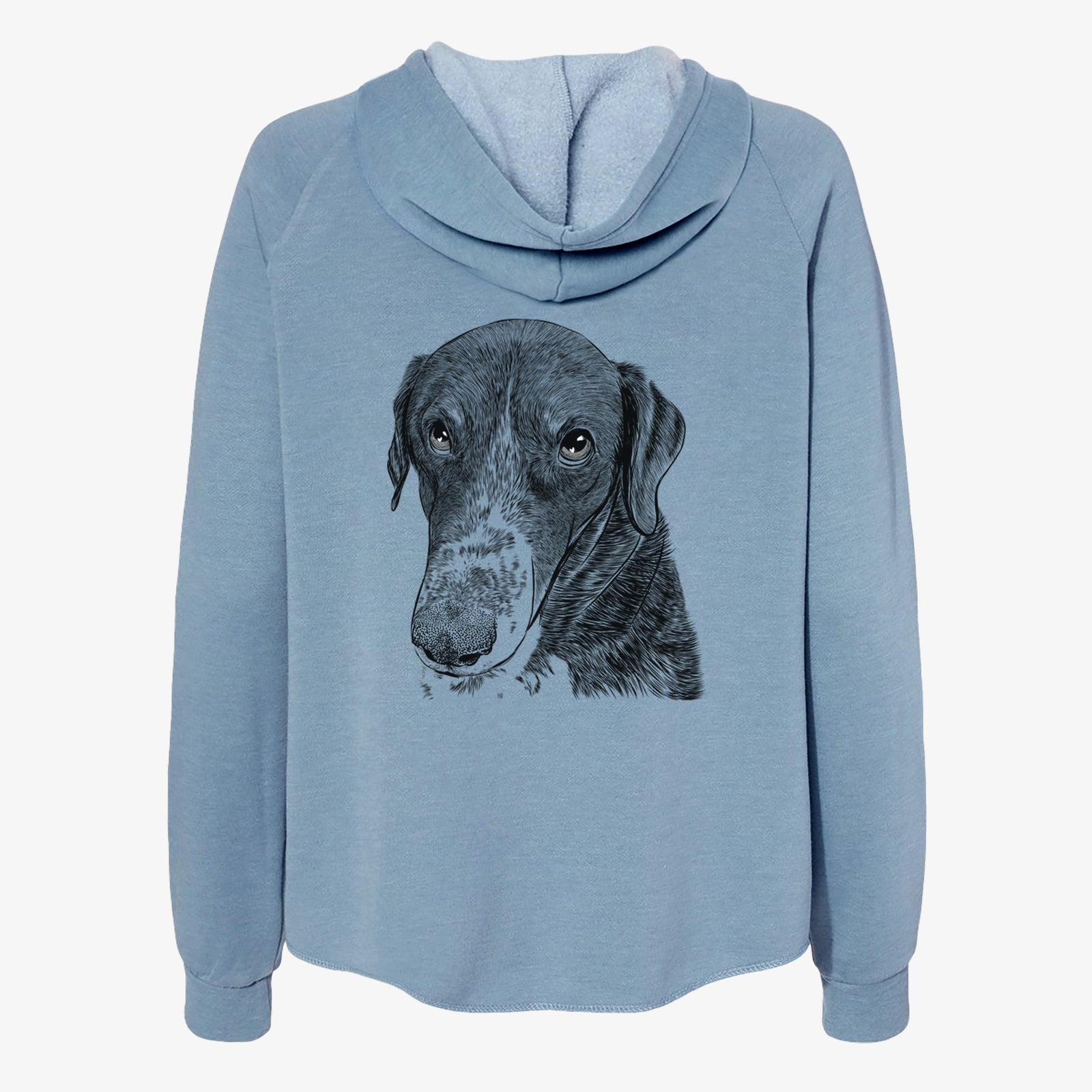 Hand-drawn sketch of Angel Orion the Mixed Breed on a Misty Blue Women's cali wave zip-up sweatshirt