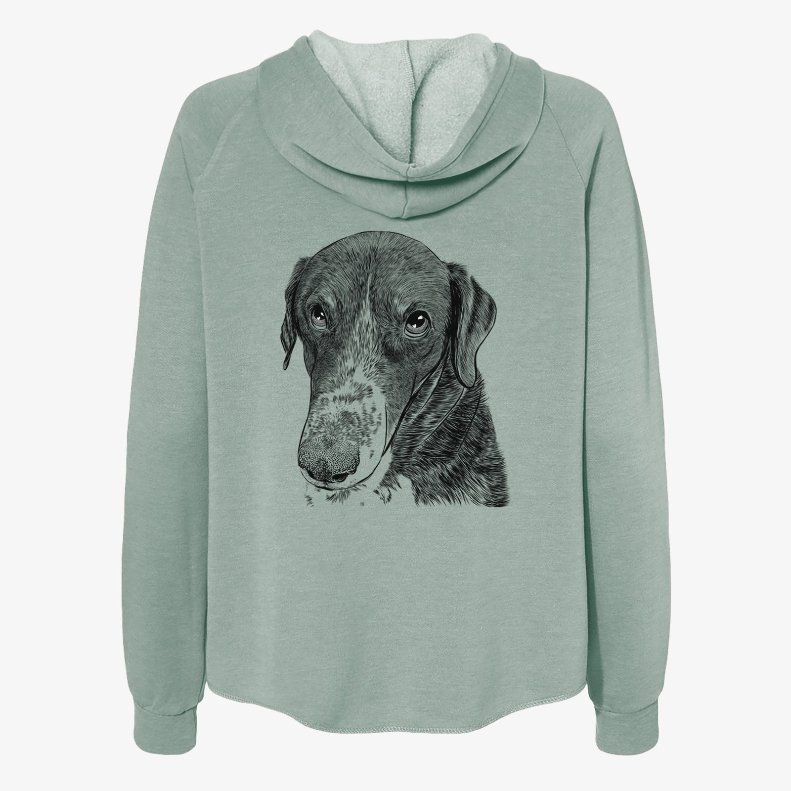 Hand-drawn sketch of Angel Orion the Mixed Breed on a Sage Women's cali wave zip-up sweatshirt