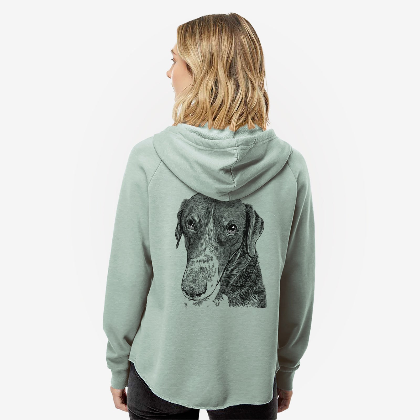 Hand-drawn sketch of Angel Orion the Mixed Breed on a Sage Women's cali wave zip-up sweatshirt