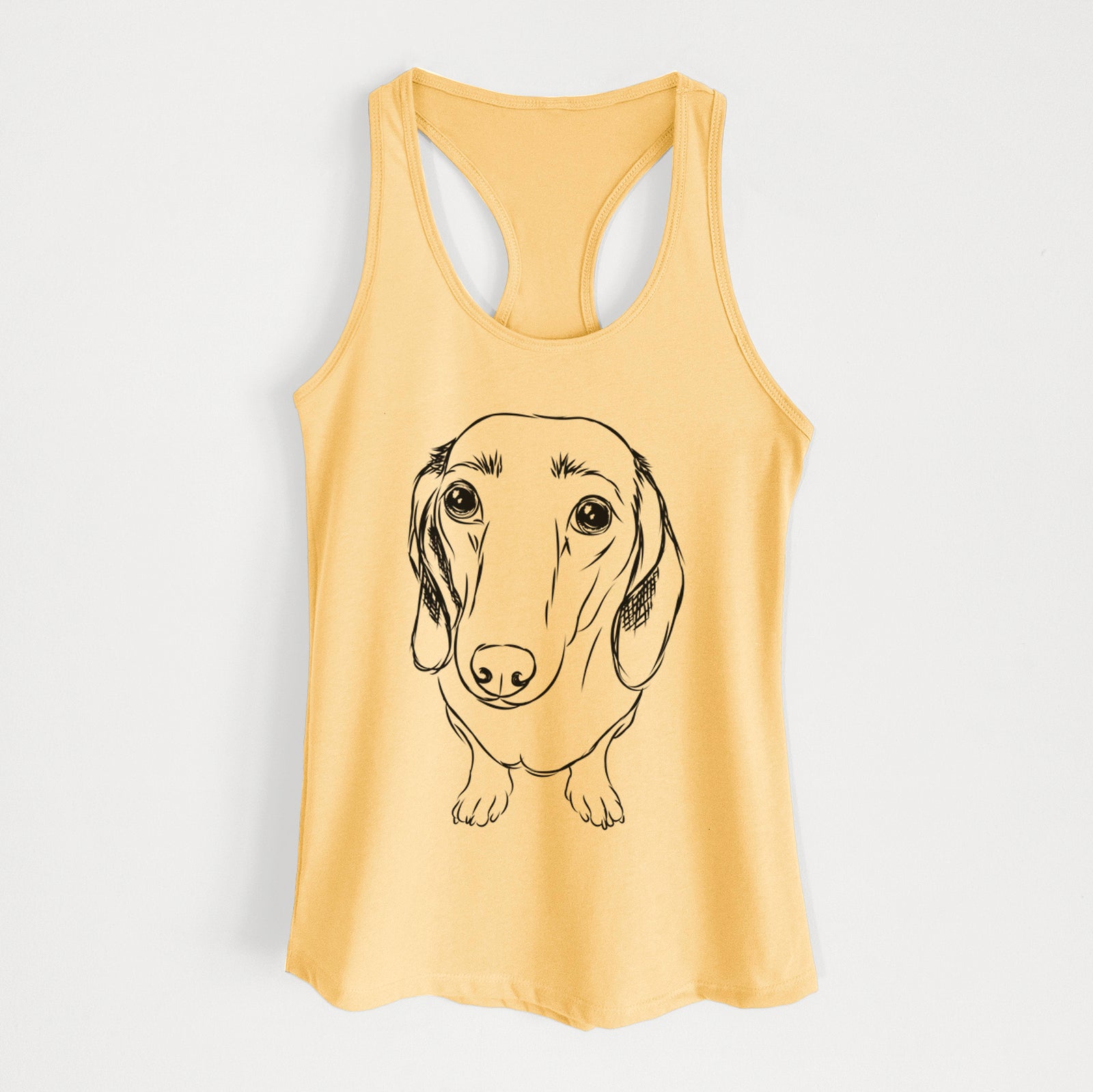 Hand-drawn sketch of Annabelle the Dachshund on a Banana Cream Women's racerback tanktop