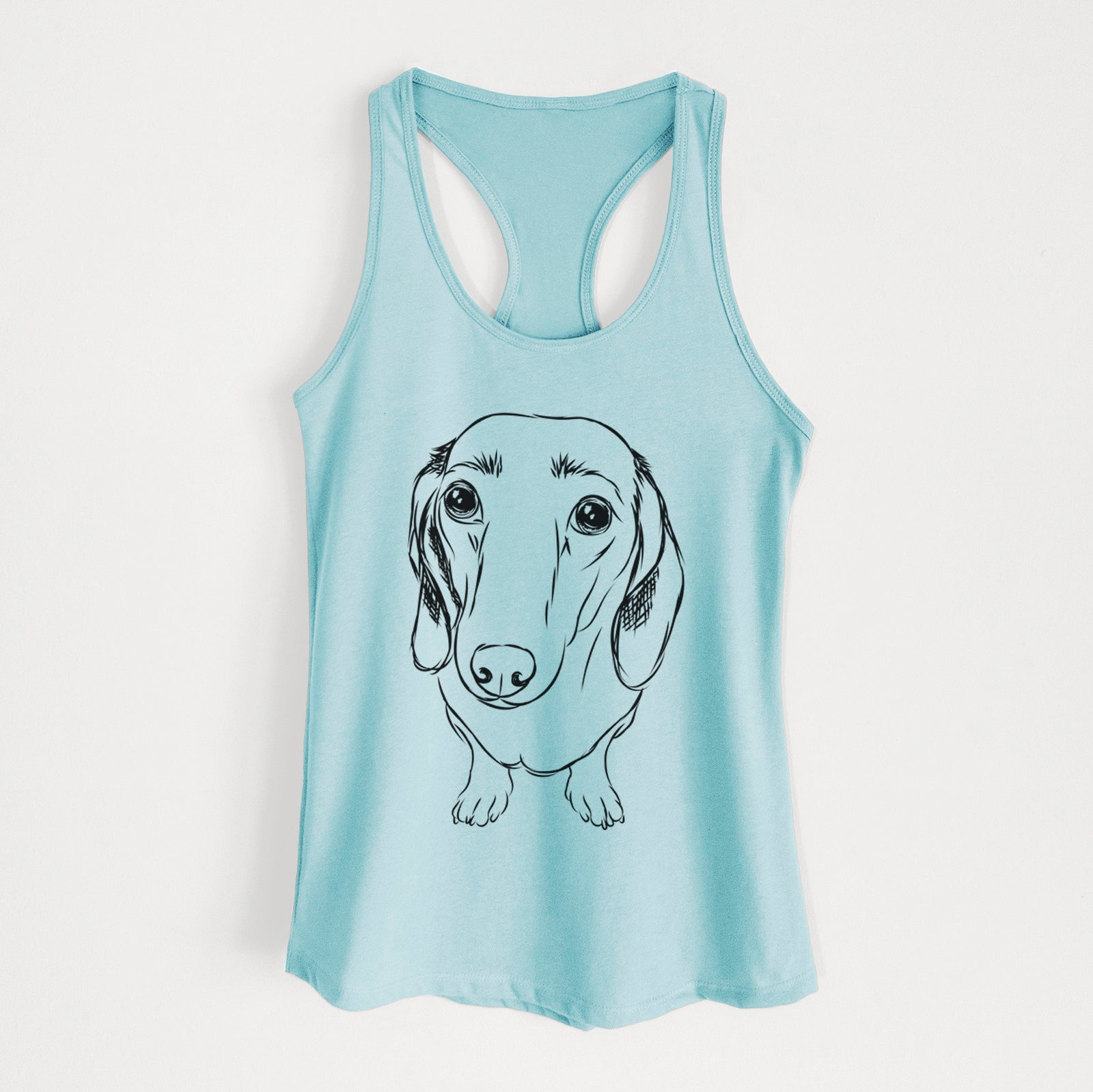 Hand-drawn sketch of Annabelle the Dachshund on a Cancun Blue Women's racerback tanktop