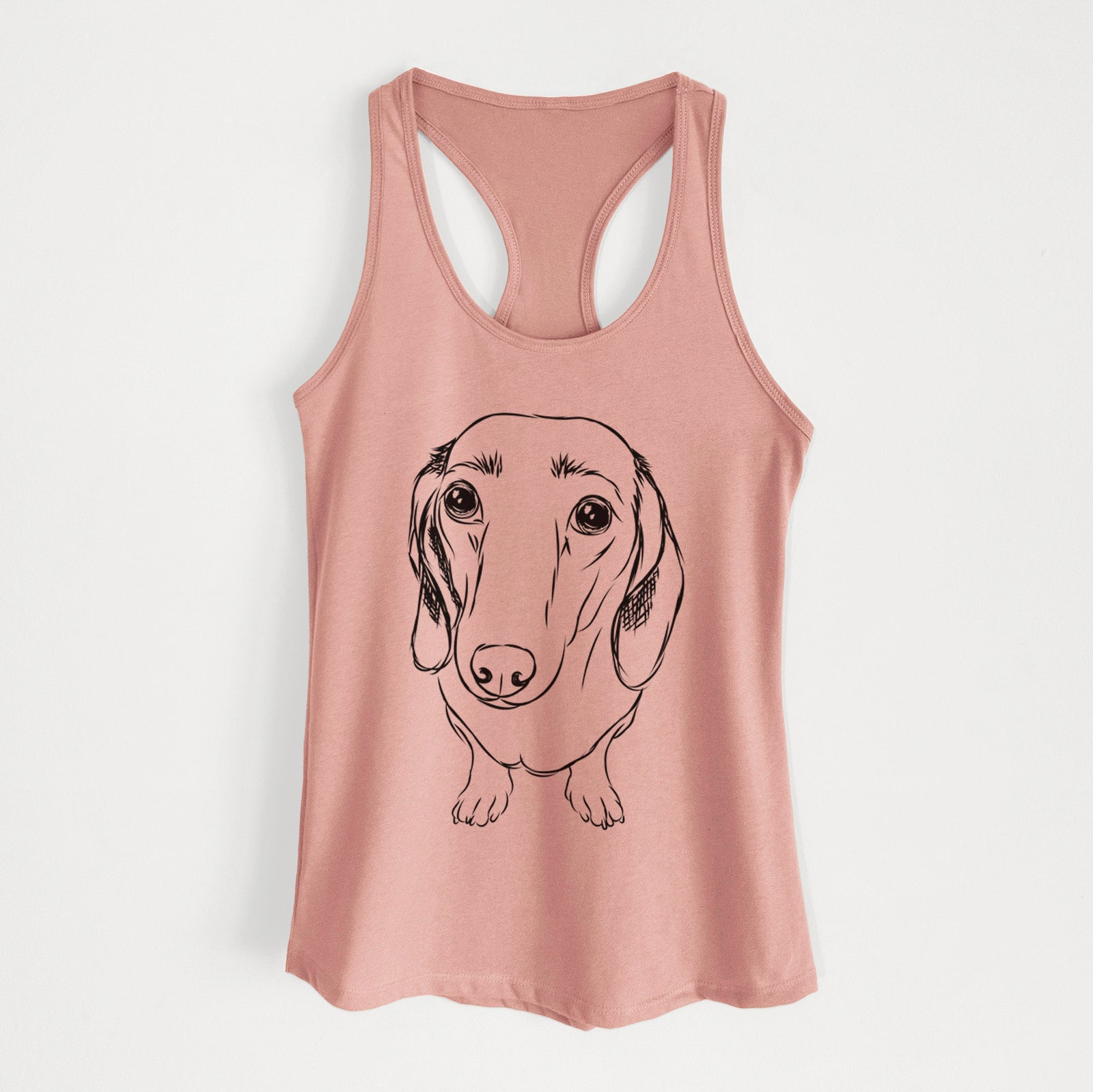Hand-drawn sketch of Annabelle the Dachshund on a Desert Pink Women's racerback tanktop