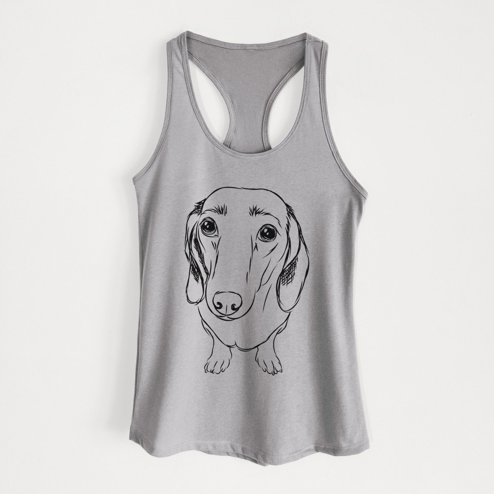 Hand-drawn sketch of Annabelle the Dachshund on a Heather Grey Women's racerback tanktop