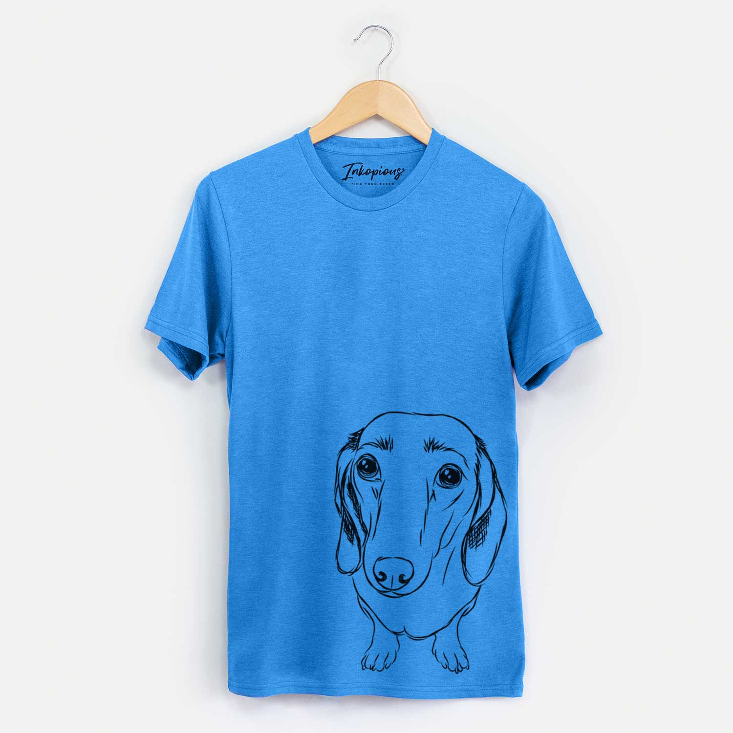 Hand-drawn sketch of Annabelle the Dachshund on a Blue Unisex crewneck