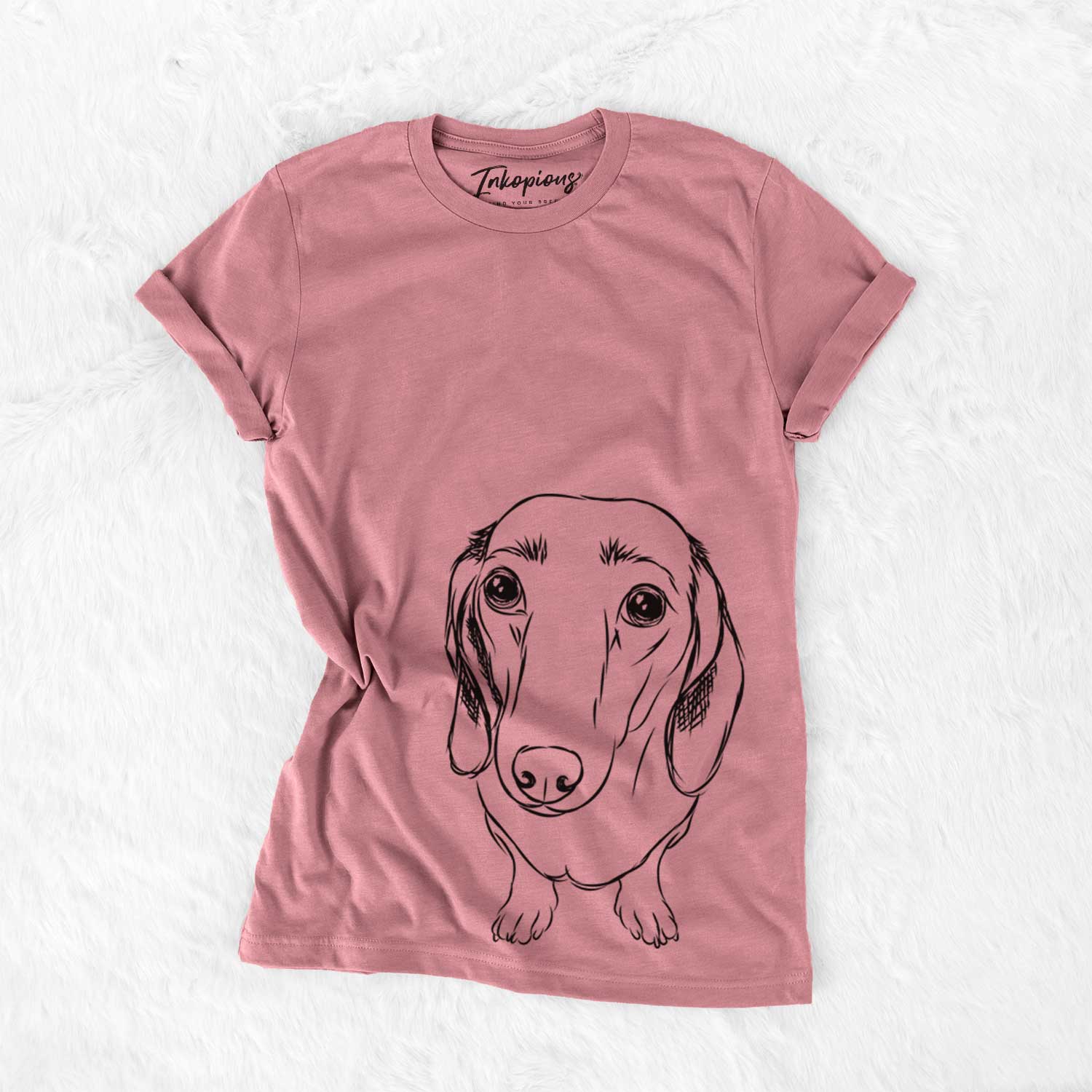 Hand-drawn sketch of Annabelle the Dachshund on a Mauve Unisex crewneck