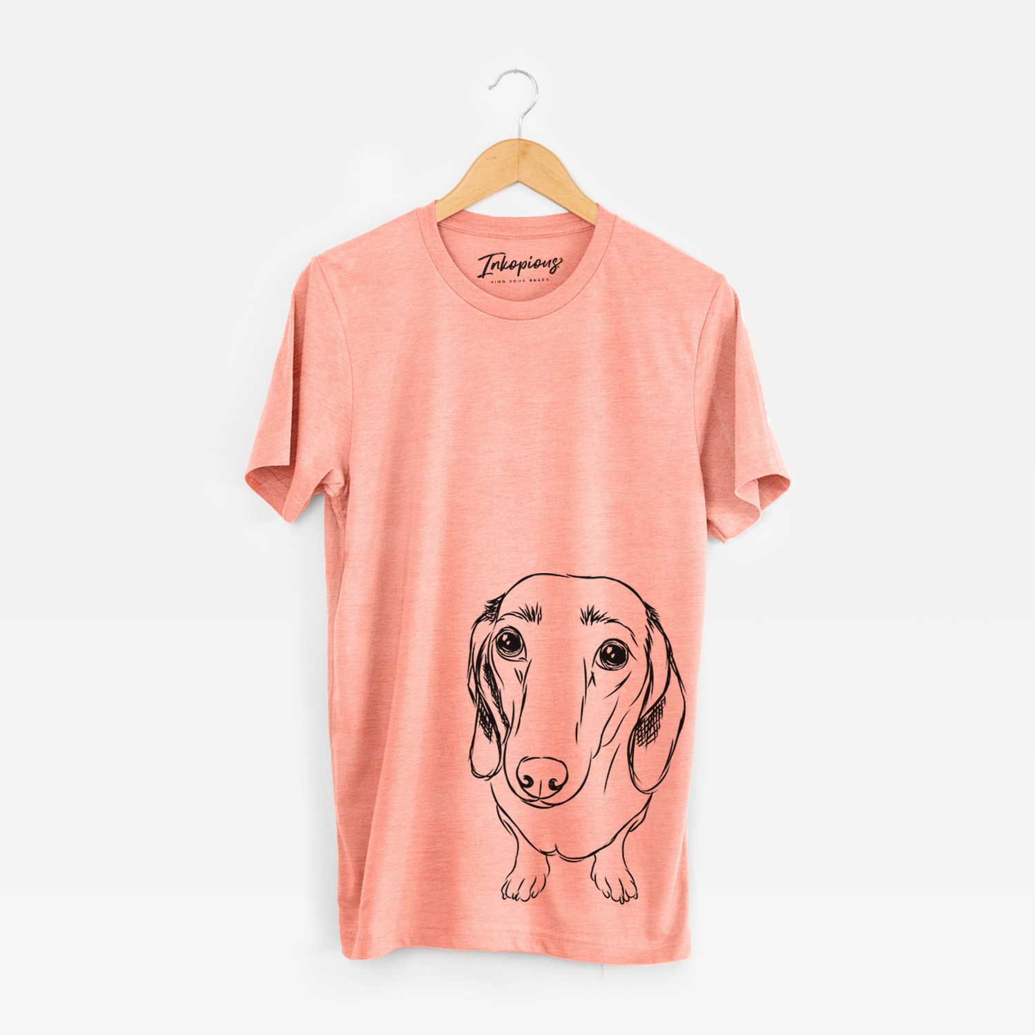 Hand-drawn sketch of Annabelle the Dachshund on a Sunset Bella Canvas Unisex Crewneck