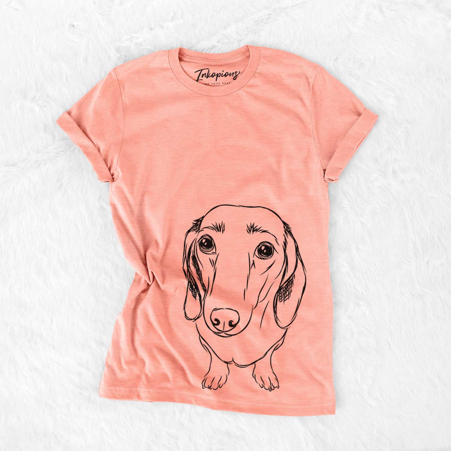 Hand-drawn sketch of Annabelle the Dachshund on a Sunset Bella Canvas Unisex Crewneck