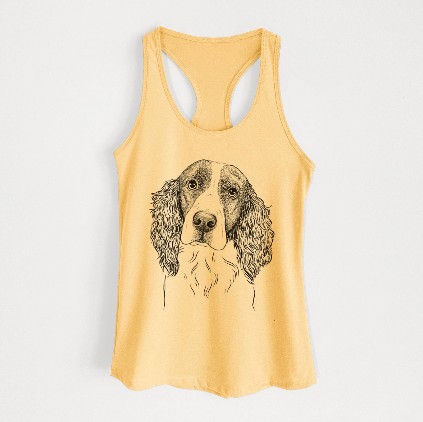 Hand-drawn sketch of Annie the English Springer Spaniel on a Banana Cream Women's racerback tanktop