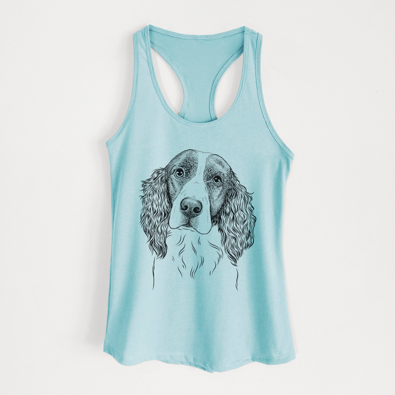Hand-drawn sketch of Annie the English Springer Spaniel on a Cancun Blue Women's racerback tanktop