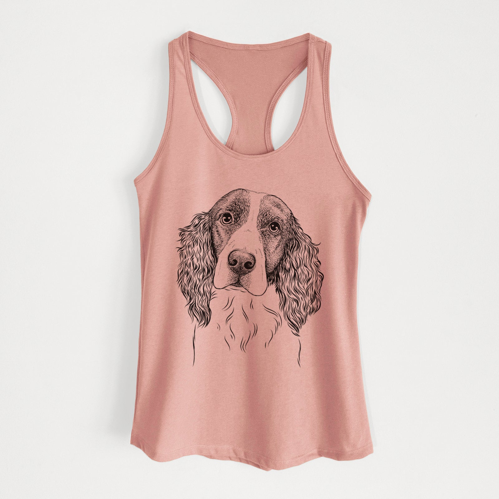 Hand-drawn sketch of Annie the English Springer Spaniel on a Desert Pink Women's racerback tanktop