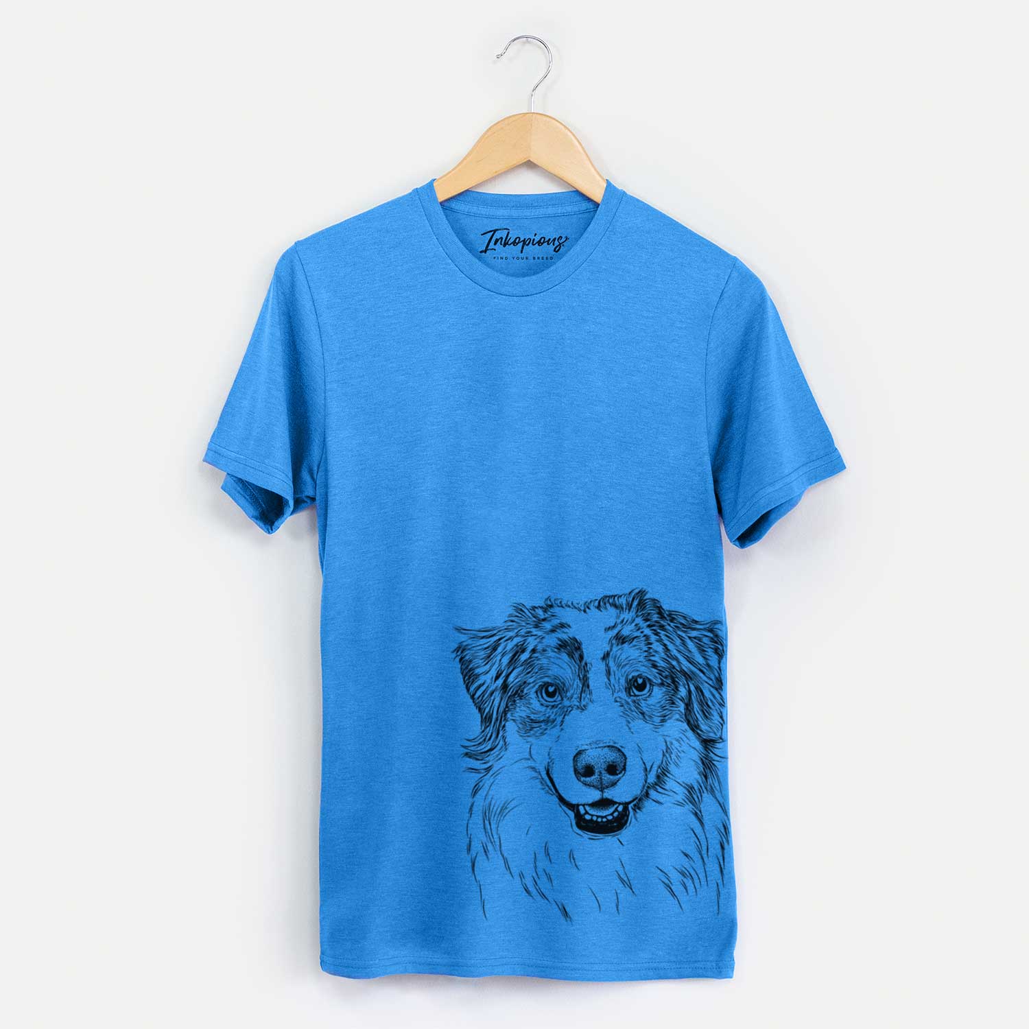 Hand-drawn sketch of Aonghus the Australian Shepherd on a Blue Unisex crewneck