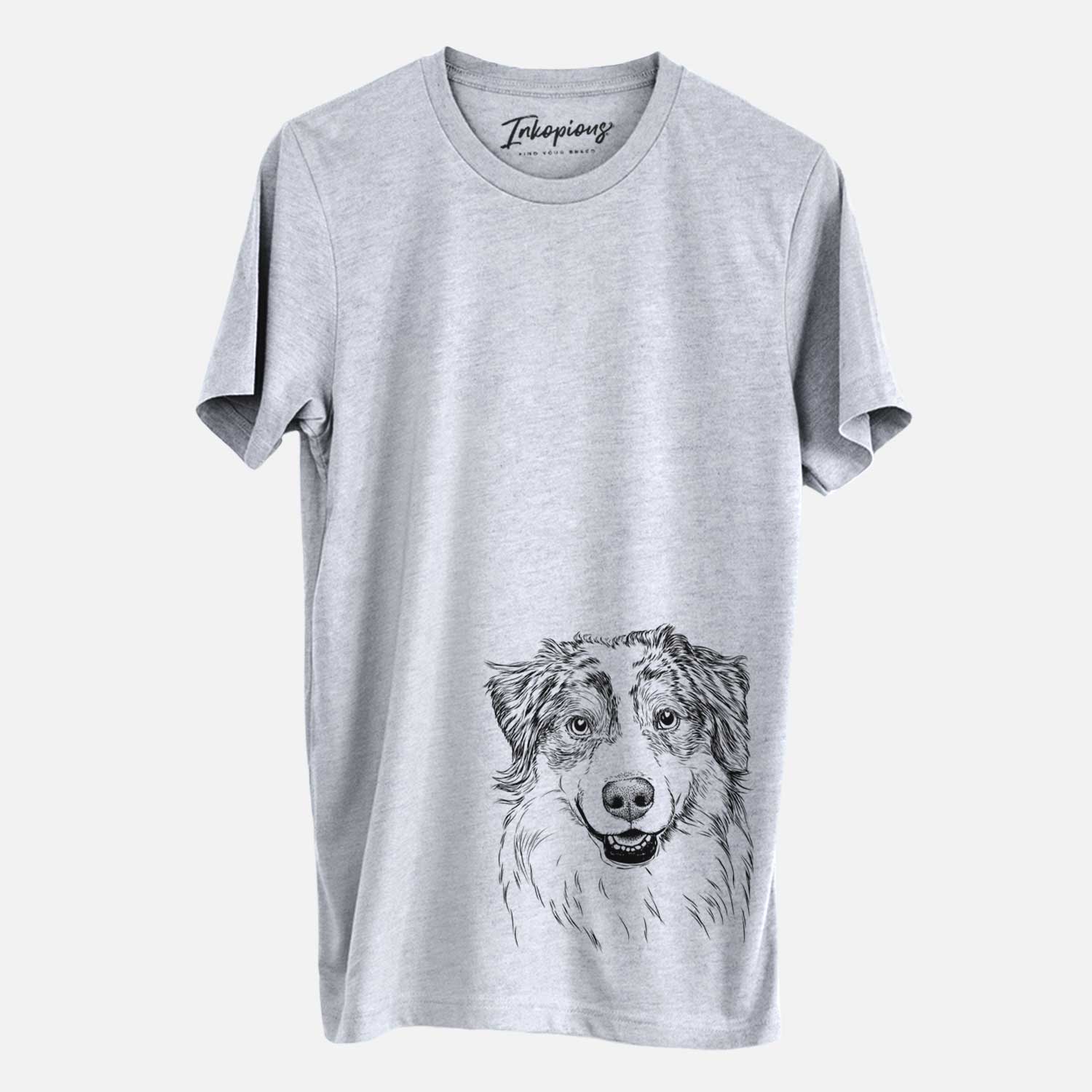 Hand-drawn sketch of Aonghus the Australian Shepherd on a Grey Unisex crewneck