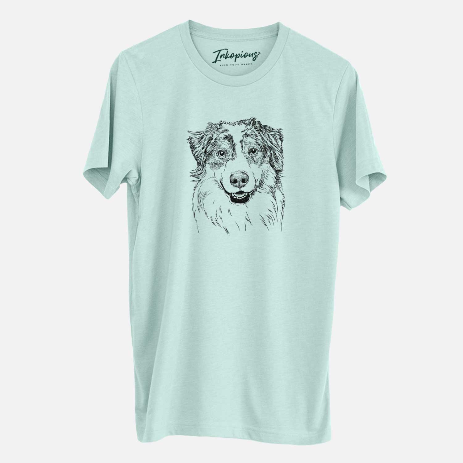 Hand-drawn sketch of Aonghus the Australian Shepherd on a Heather Sage Unisex crewneck