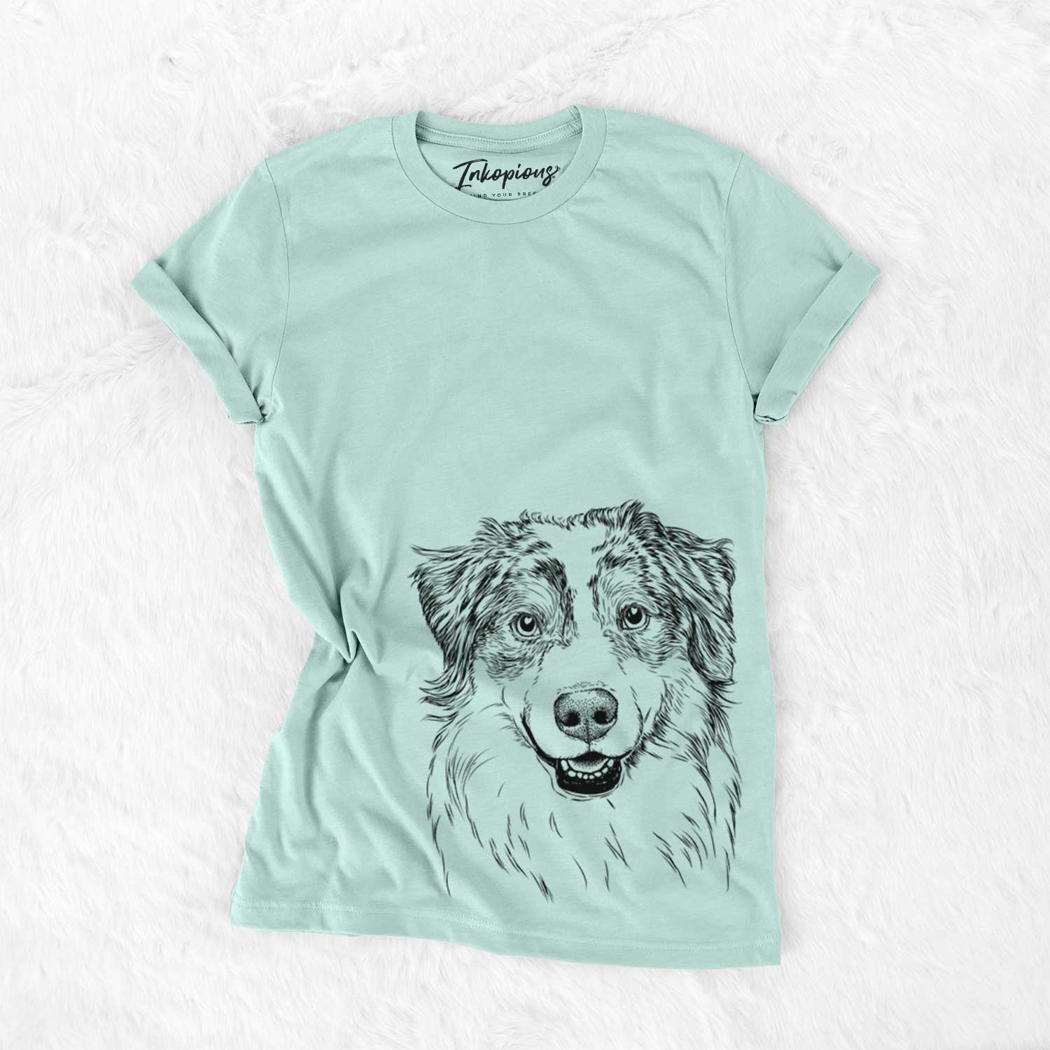 Hand-drawn sketch of Aonghus the Australian Shepherd on a Heather Sage Unisex crewneck