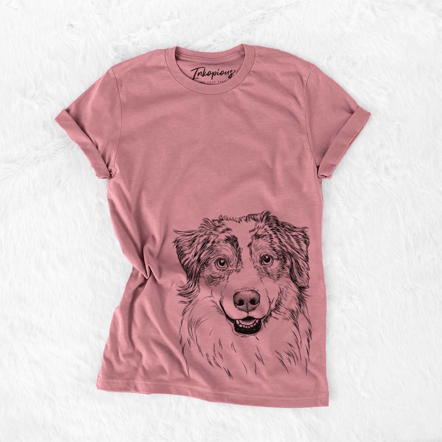 Hand-drawn sketch of Aonghus the Australian Shepherd on a Mauve Unisex crewneck