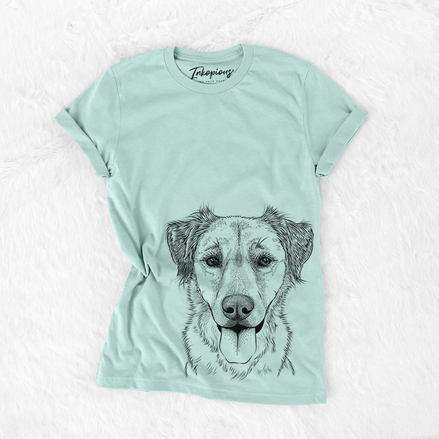 Hand-drawn sketch of Apollo the Mixed Breed on a Heather Sage Bella Canvas Unisex Crewneck