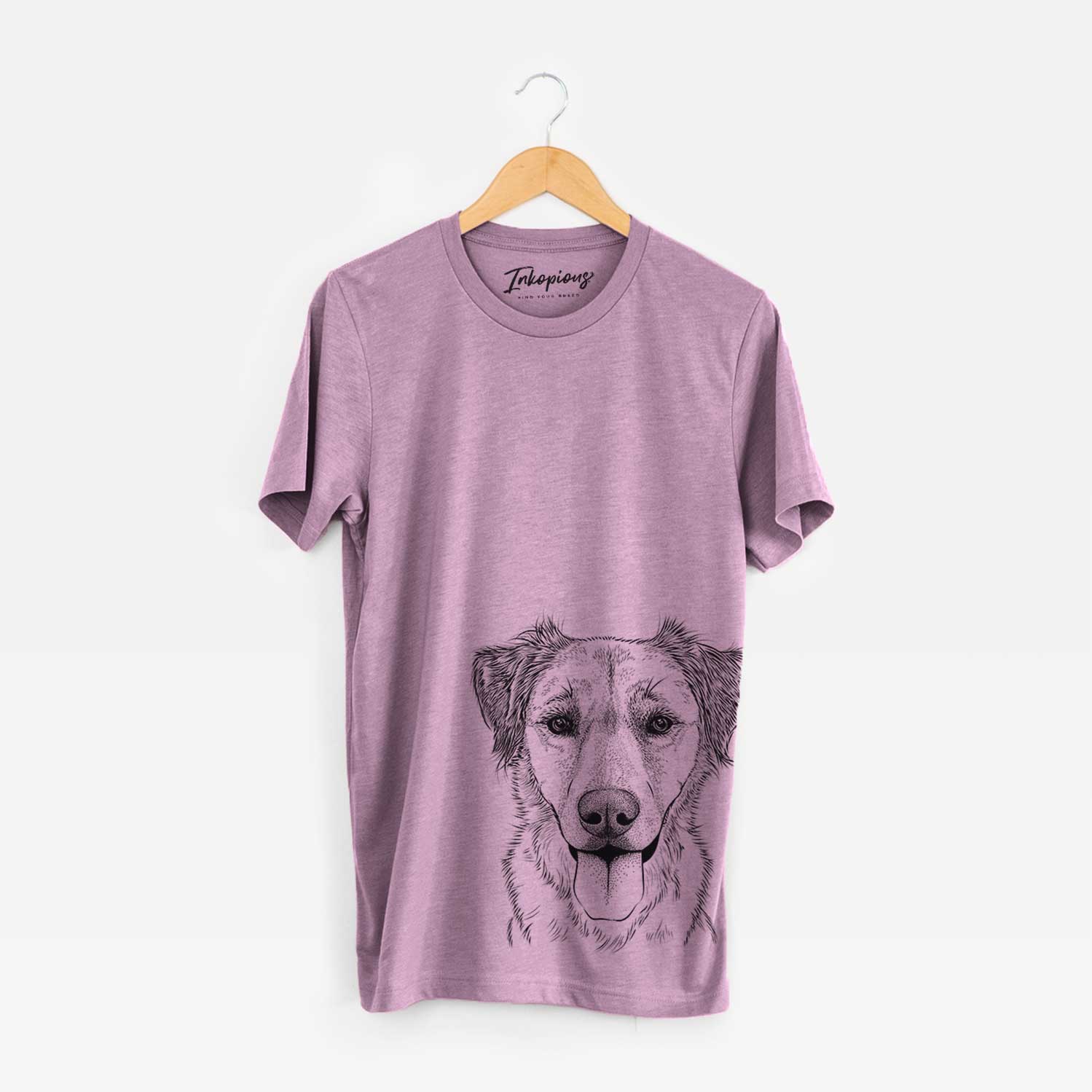 Hand-drawn sketch of Apollo the Mixed Breed on an Orchid Bella Canvas Unisex Crewneck