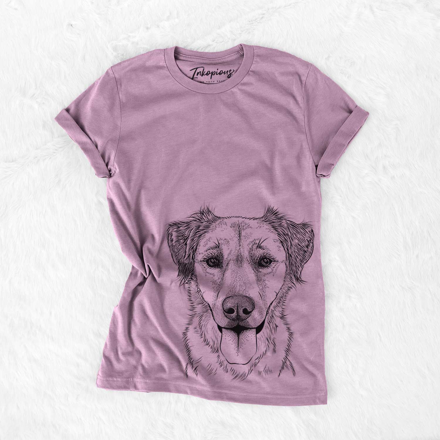 Hand-drawn sketch of Apollo the Mixed Breed on an Orchid Bella Canvas Unisex Crewneck
