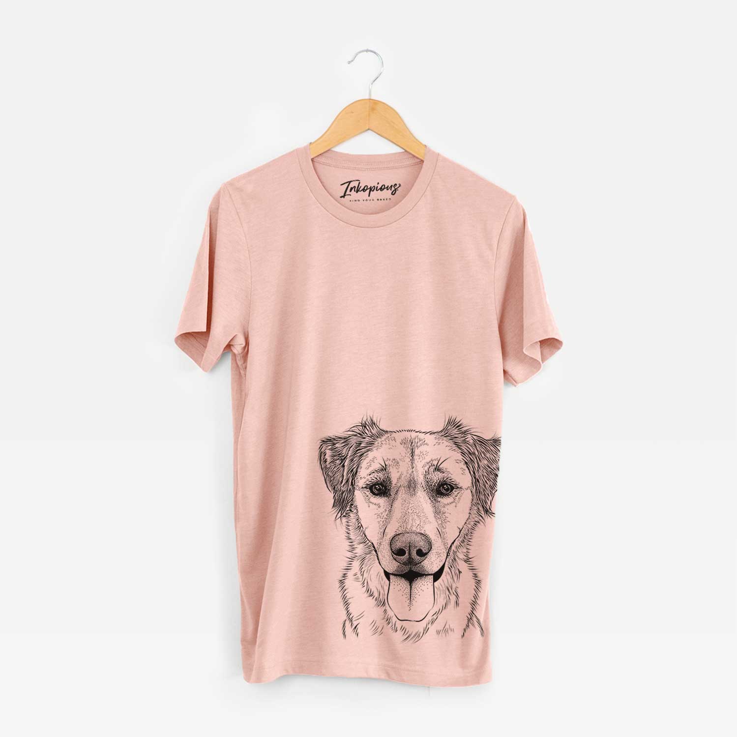 Hand-drawn sketch of Apollo the Mixed Breed on a Peach Bella Canvas Unisex Crewneck