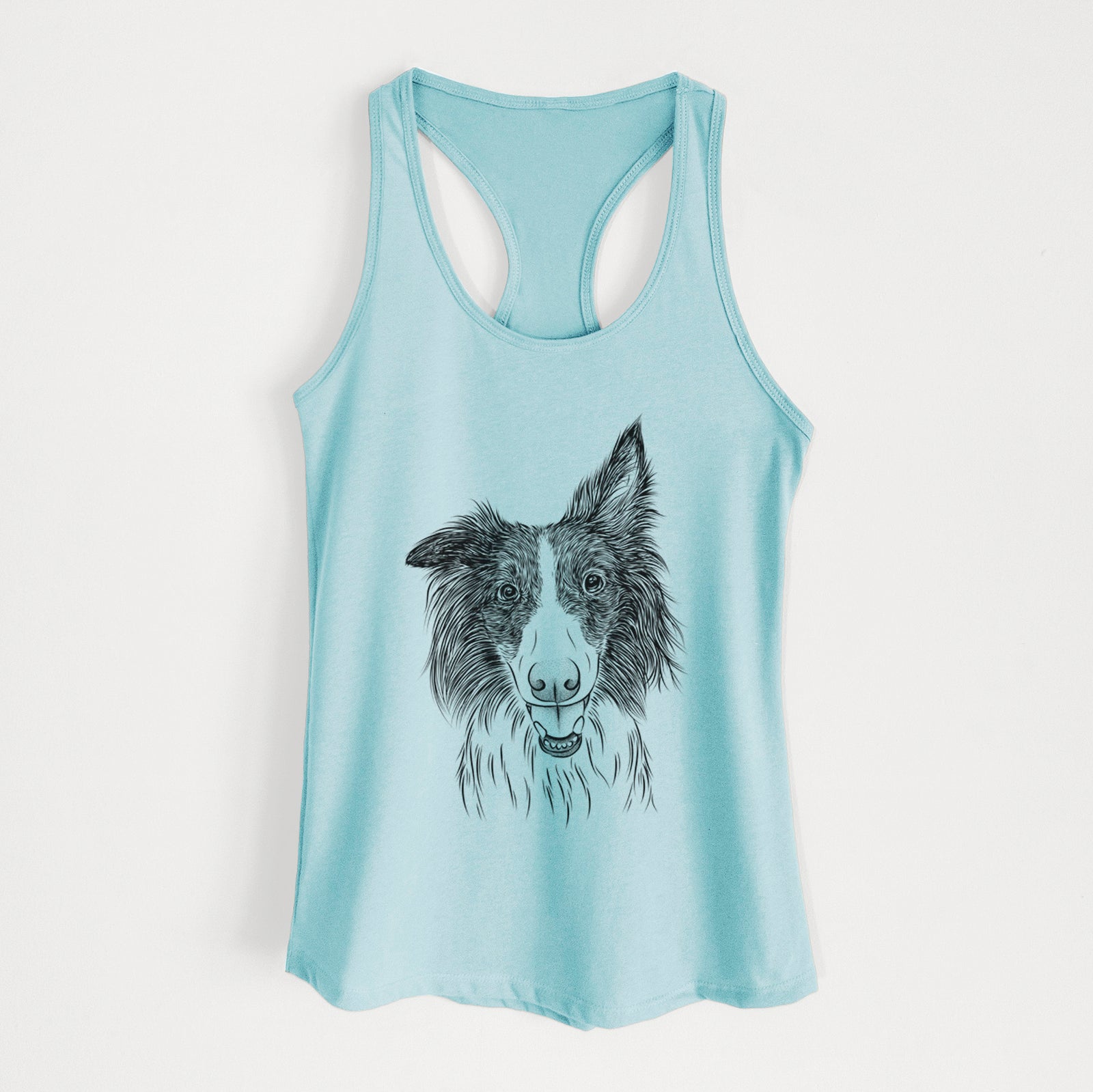 Hand-drawn sketch of Archie the Silken Windhound on a Cancun Blue Women's racerback tanktop