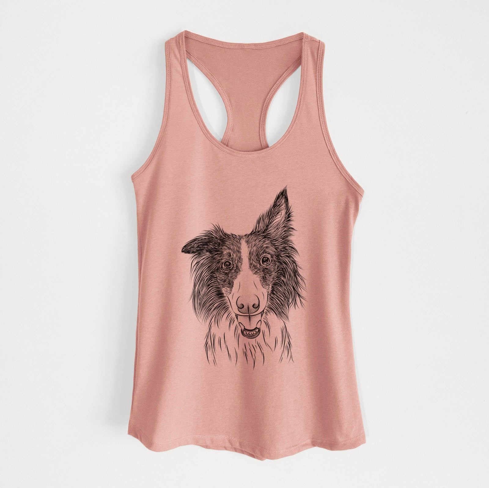 Hand-drawn sketch of Archie the Silken Windhound on a Desert Pink Women's racerback tanktop