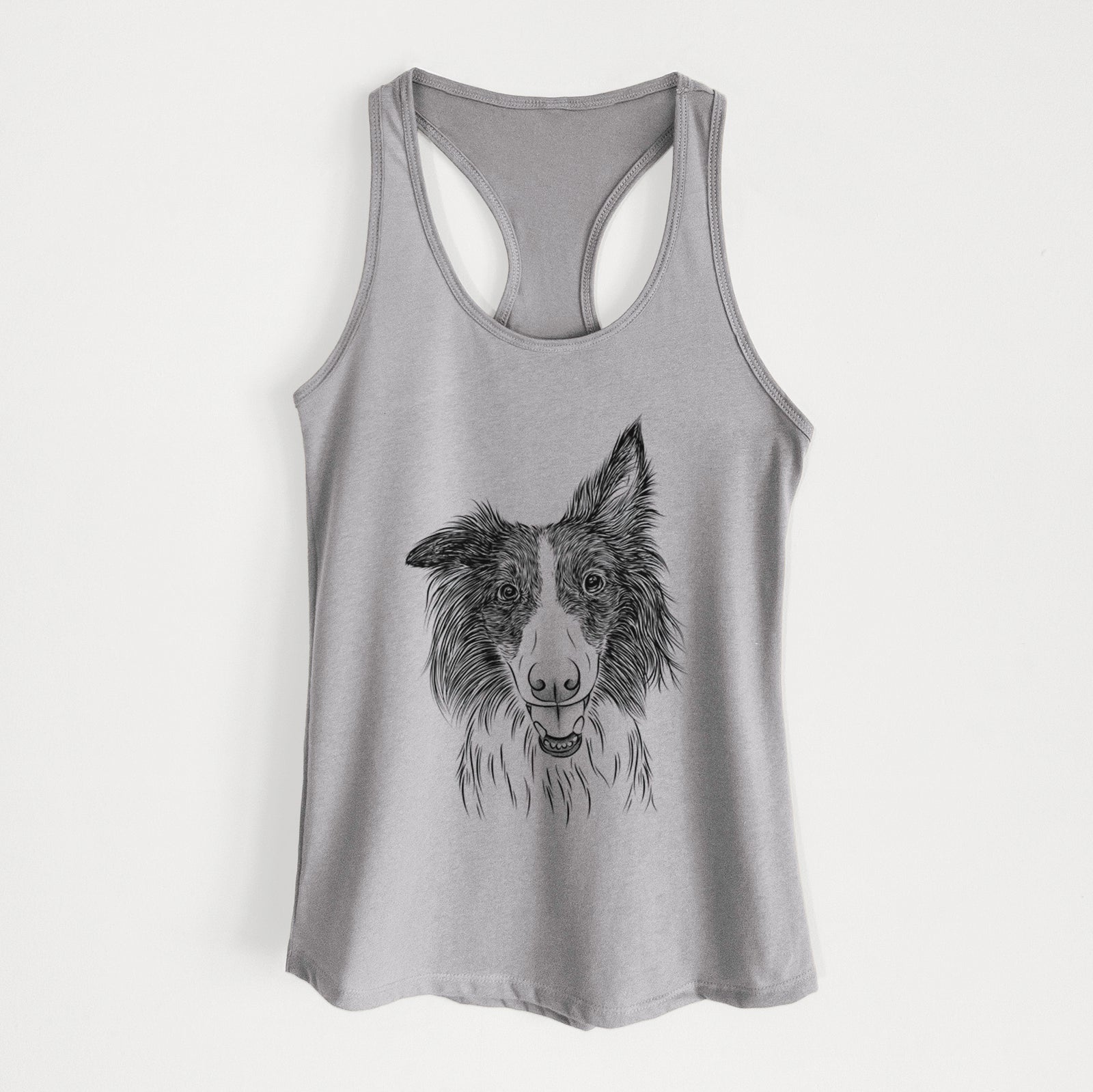 Hand-drawn sketch of Archie the Silken Windhound on a Heather Grey Women's racerback tanktop