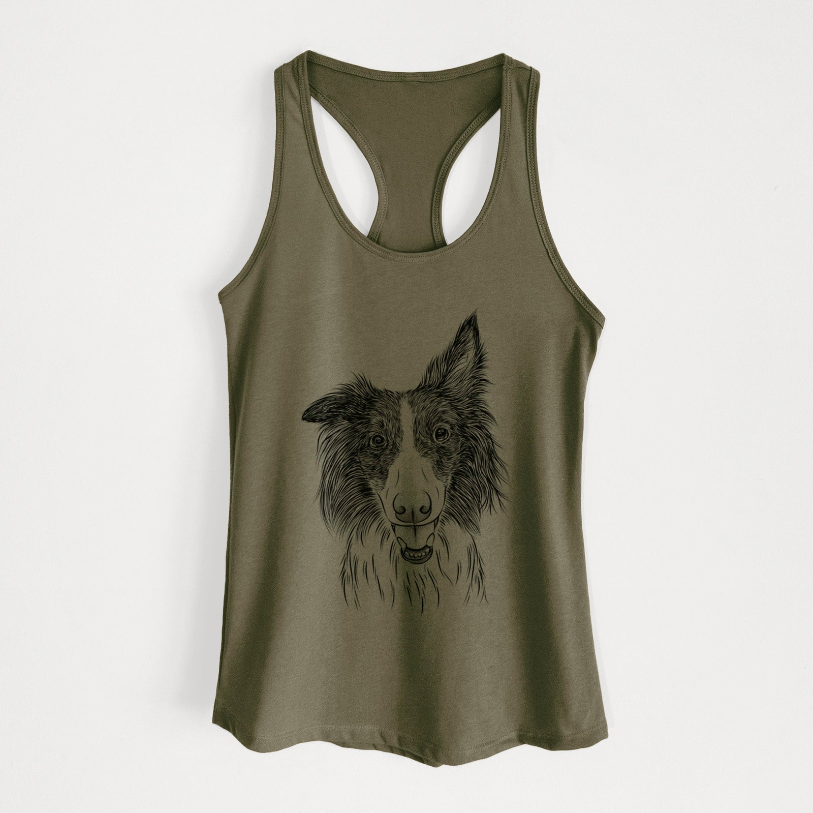 Hand-drawn sketch of Archie the Silken Windhound on a Military Green Women's racerback tanktop