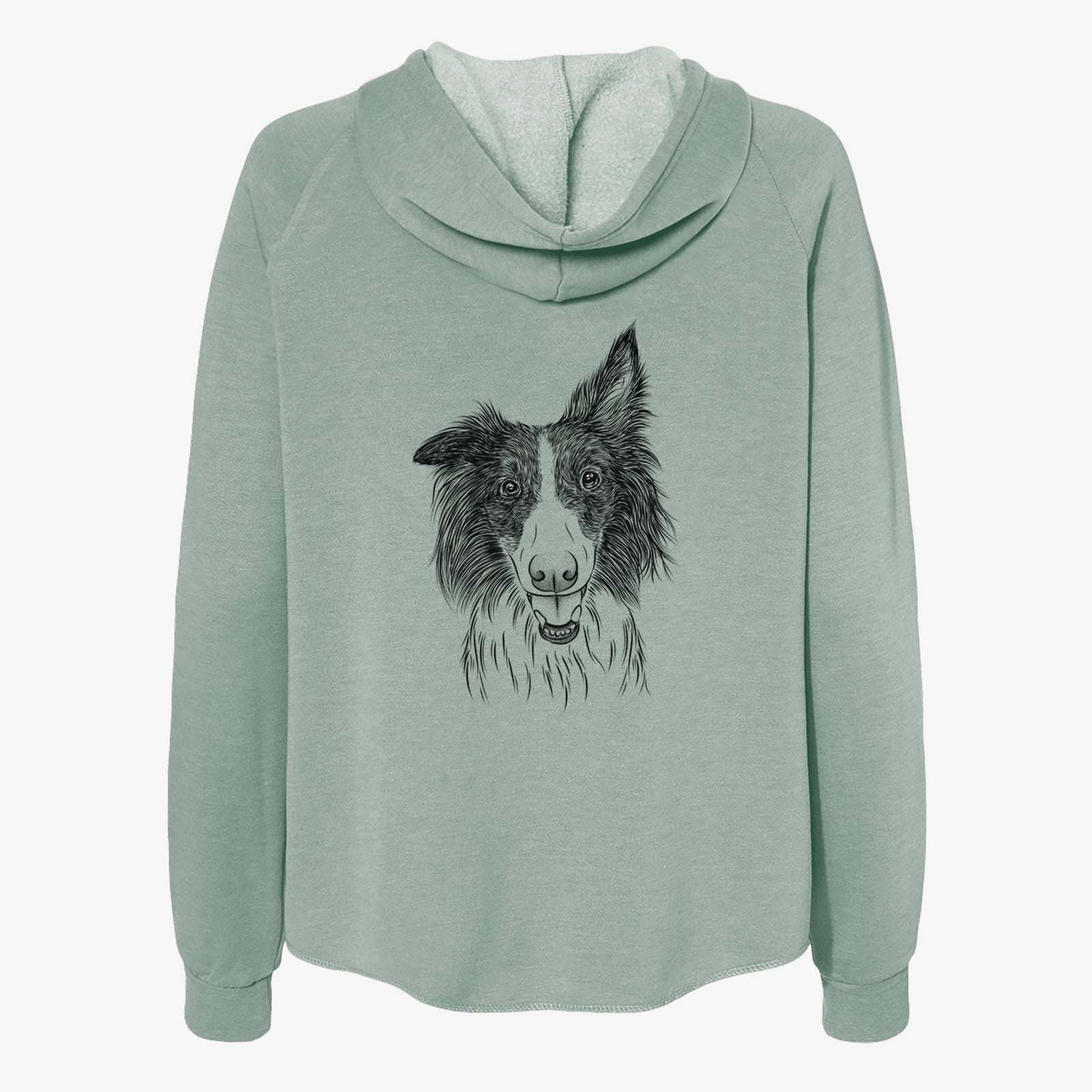 Hand-drawn sketch of Archie the Silken Windhound on a Sage Women's cali wave zip-up sweatshirt
