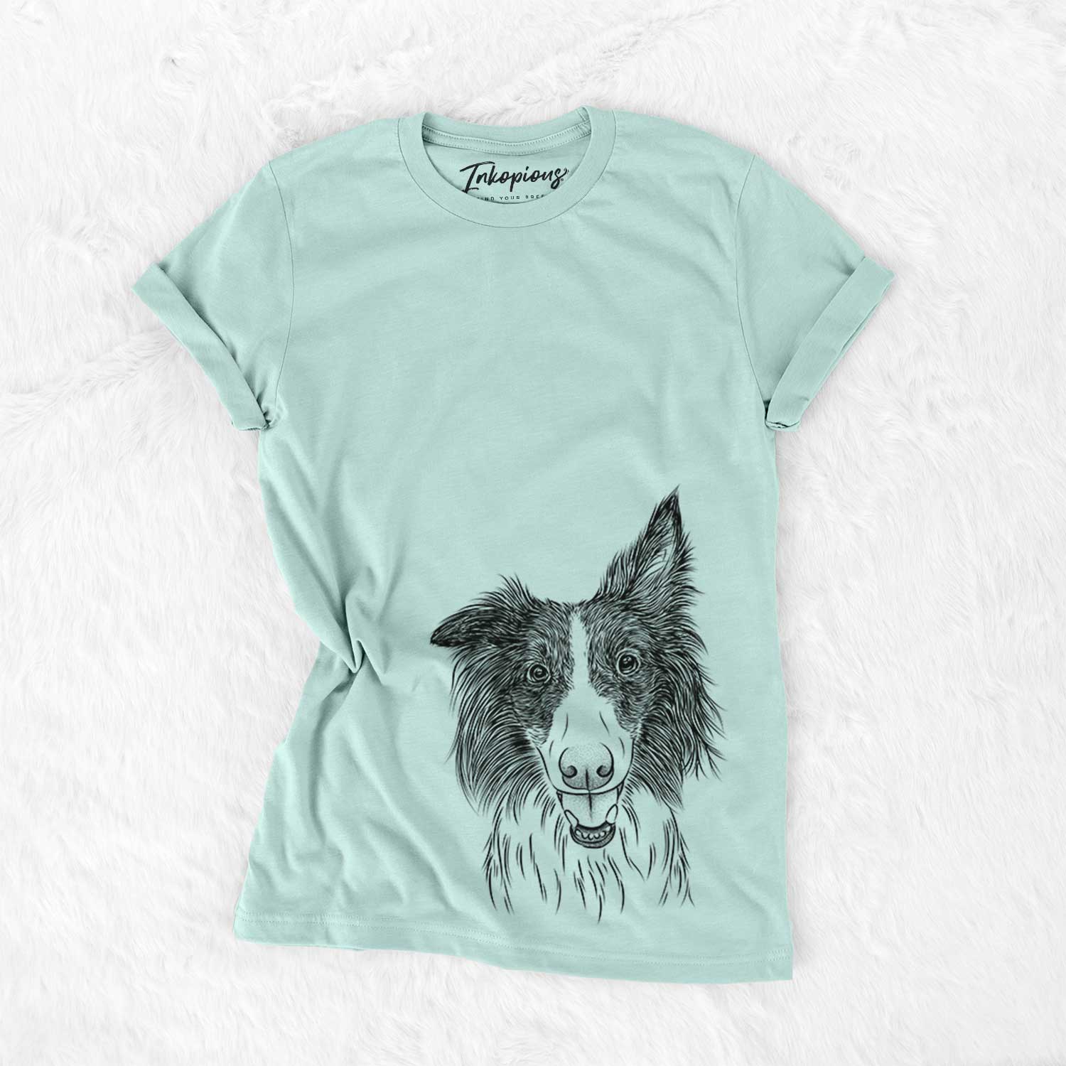 Hand-drawn sketch of Archie the Silken Windhound on a Heather Sage Bella Canvas Unisex Crewneck