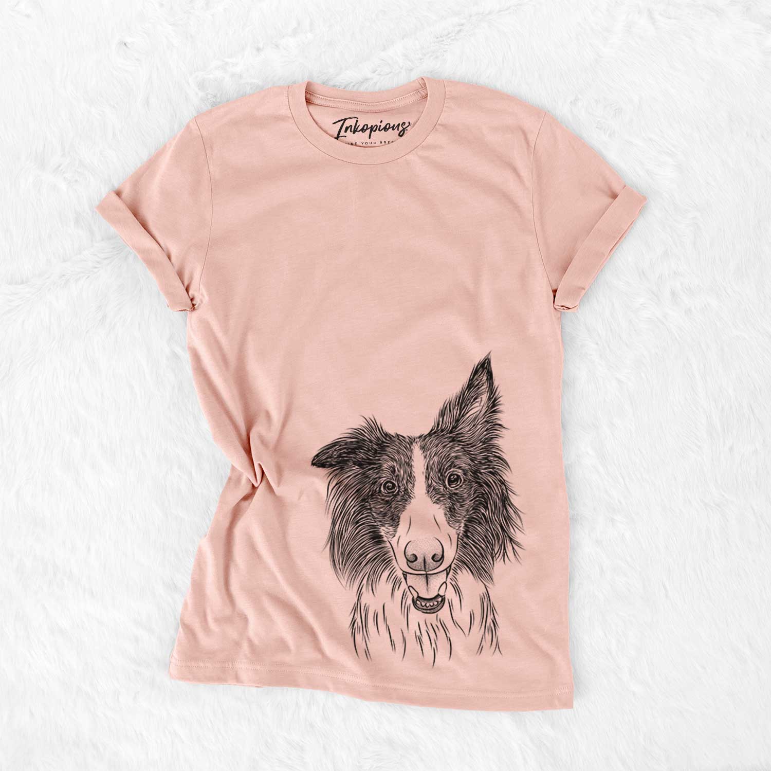 Hand-drawn sketch of Archie the Silken Windhound on a Peach Bella Canvas Unisex Crewneck