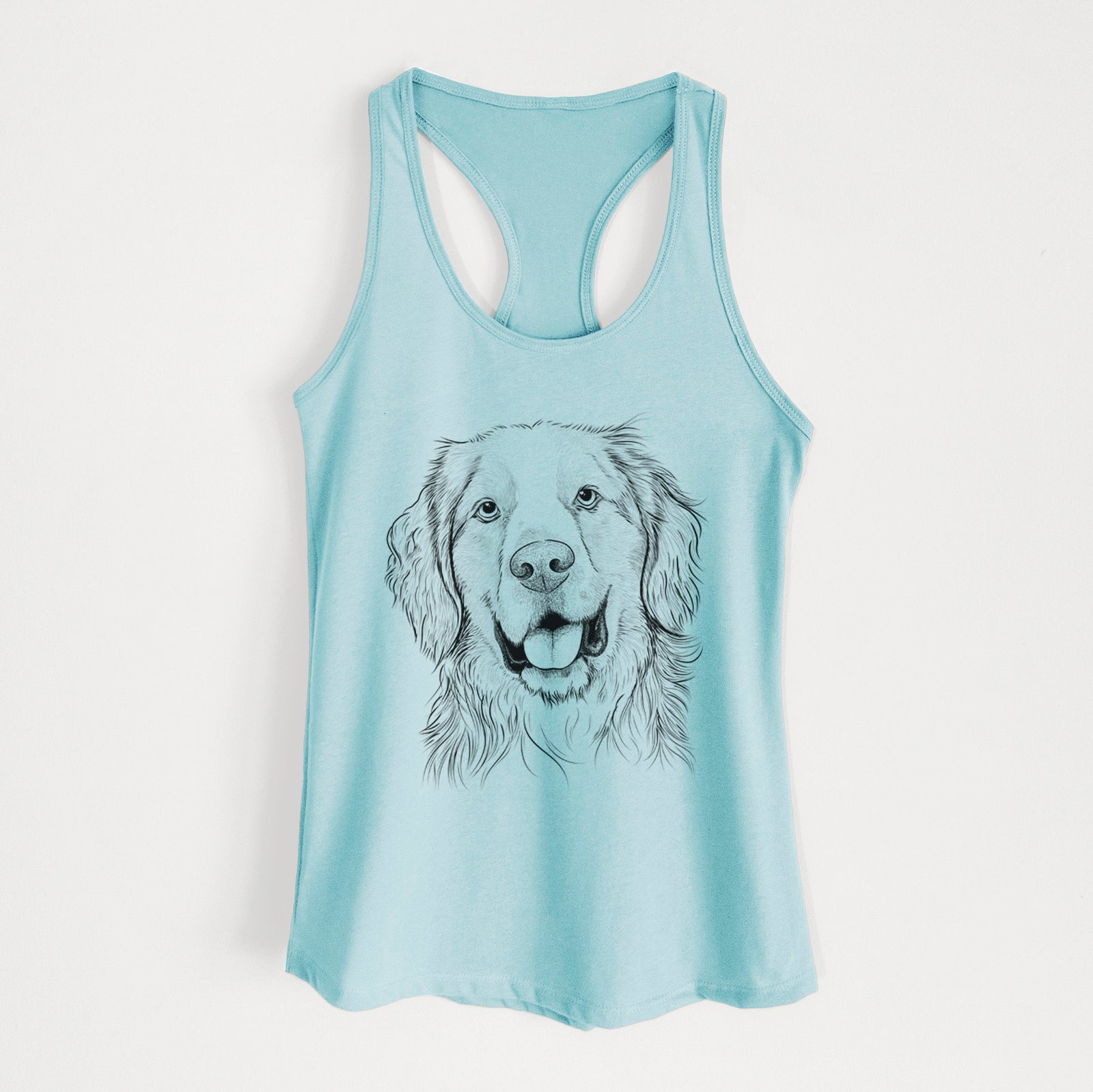 Hand-drawn sketch of Archie Benjamin the Mixed Breed on a Cancun Blue Women's racerback tanktop