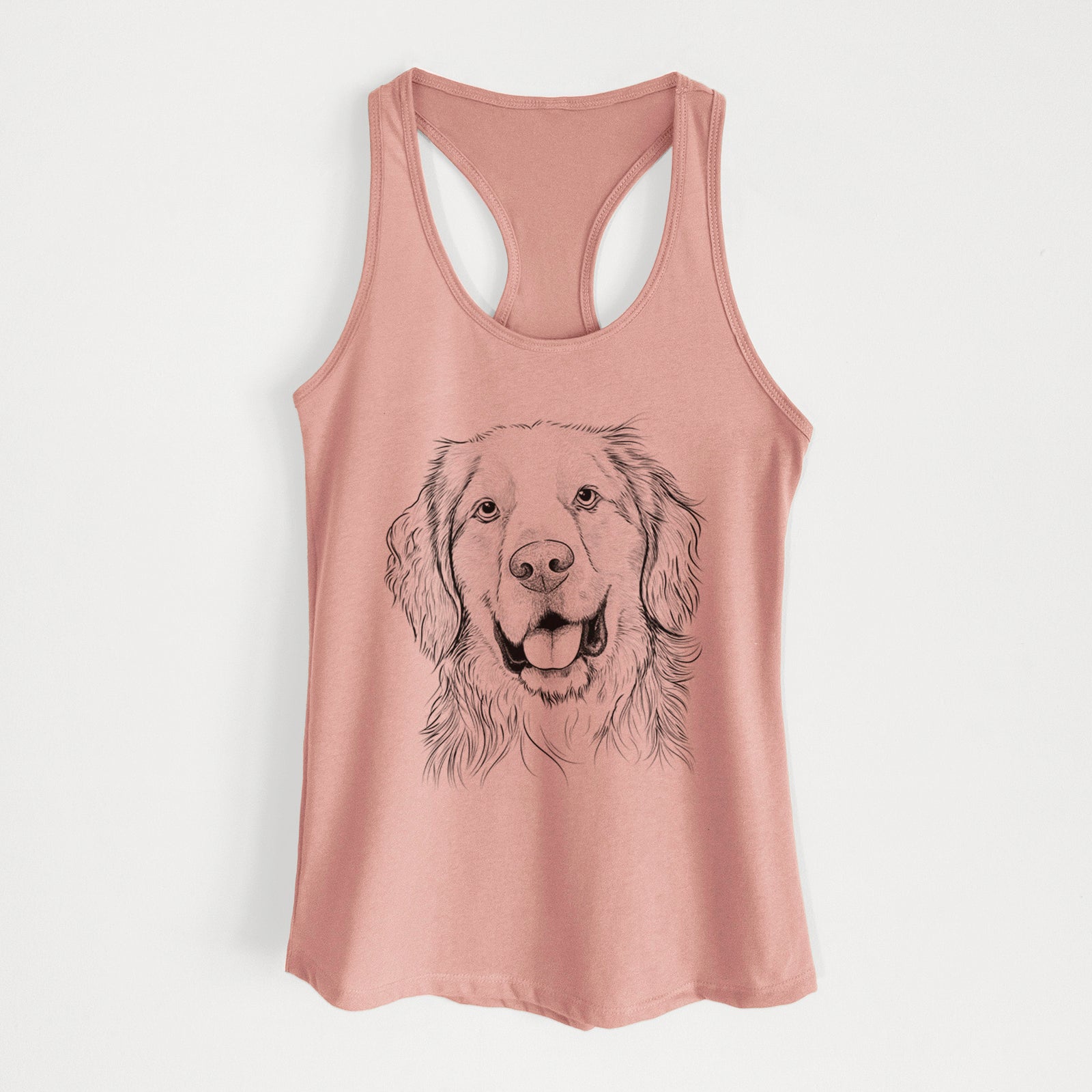 Hand-drawn sketch of Archie Benjamin the Mixed Breed on a Desert Pink Women's racerback tanktop