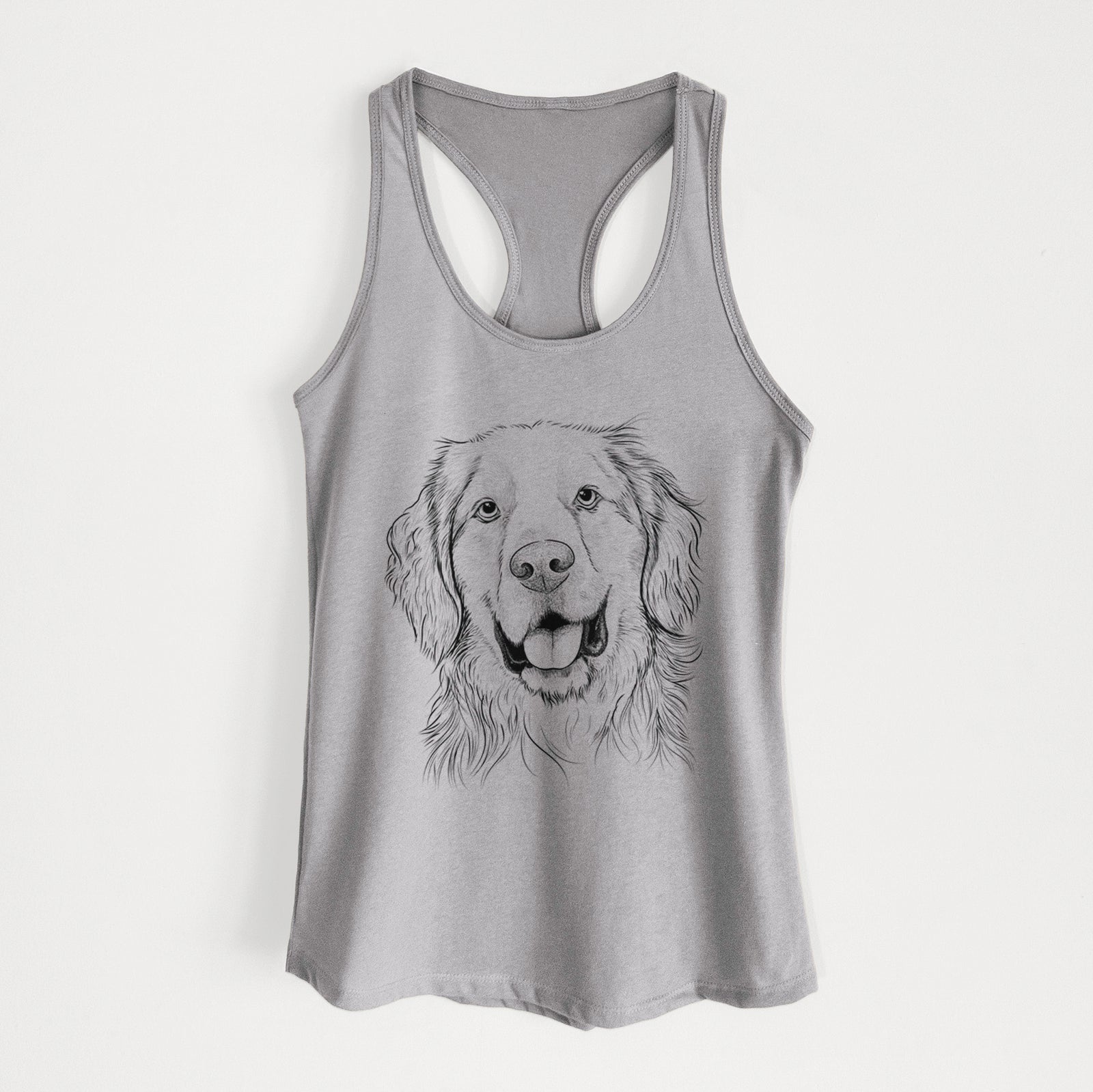 Hand-drawn sketch of Archie Benjamin the Mixed Breed on a Heather Grey Women's racerback tanktop