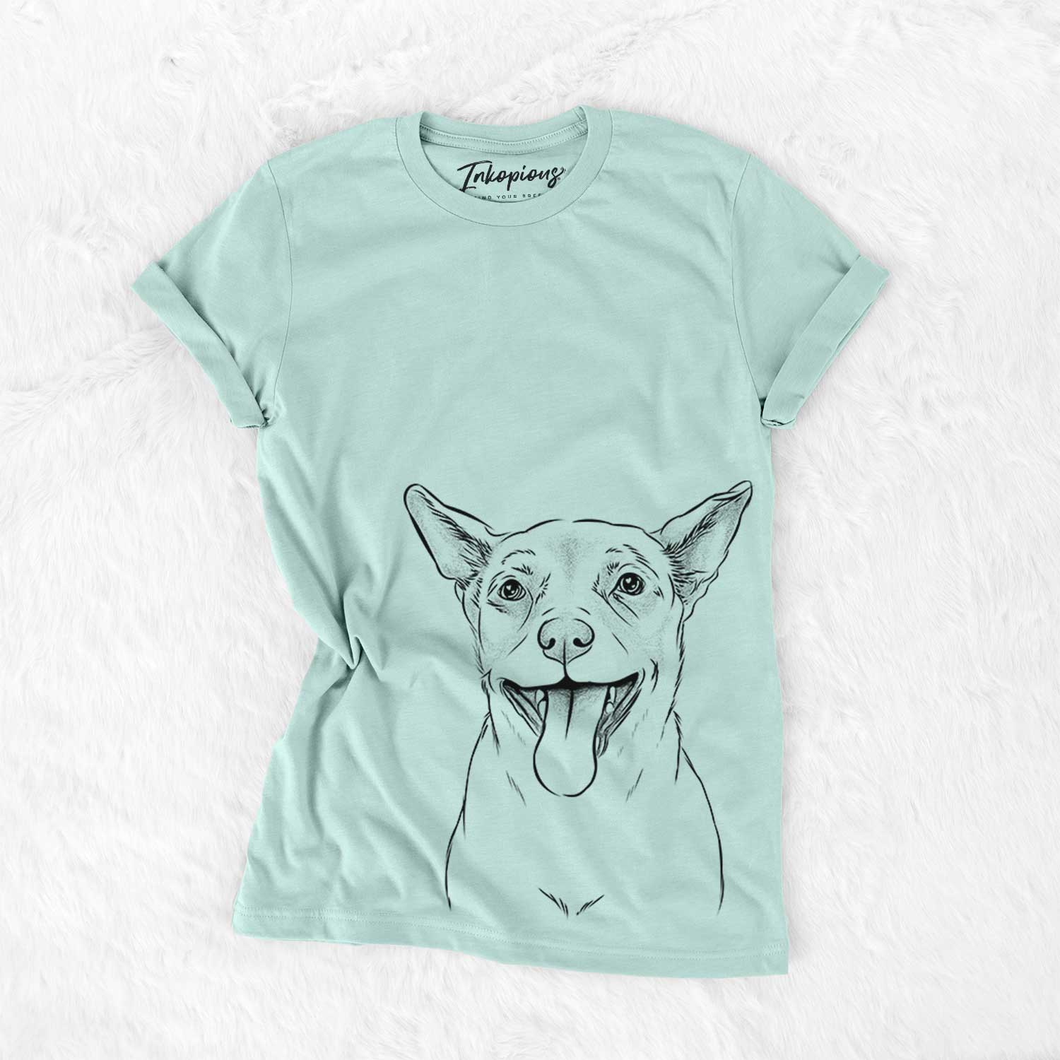 Hand-drawn sketch of Archie the Chihuahua Mix on a Heather Sage Bella Canvas Unisex Crewneck