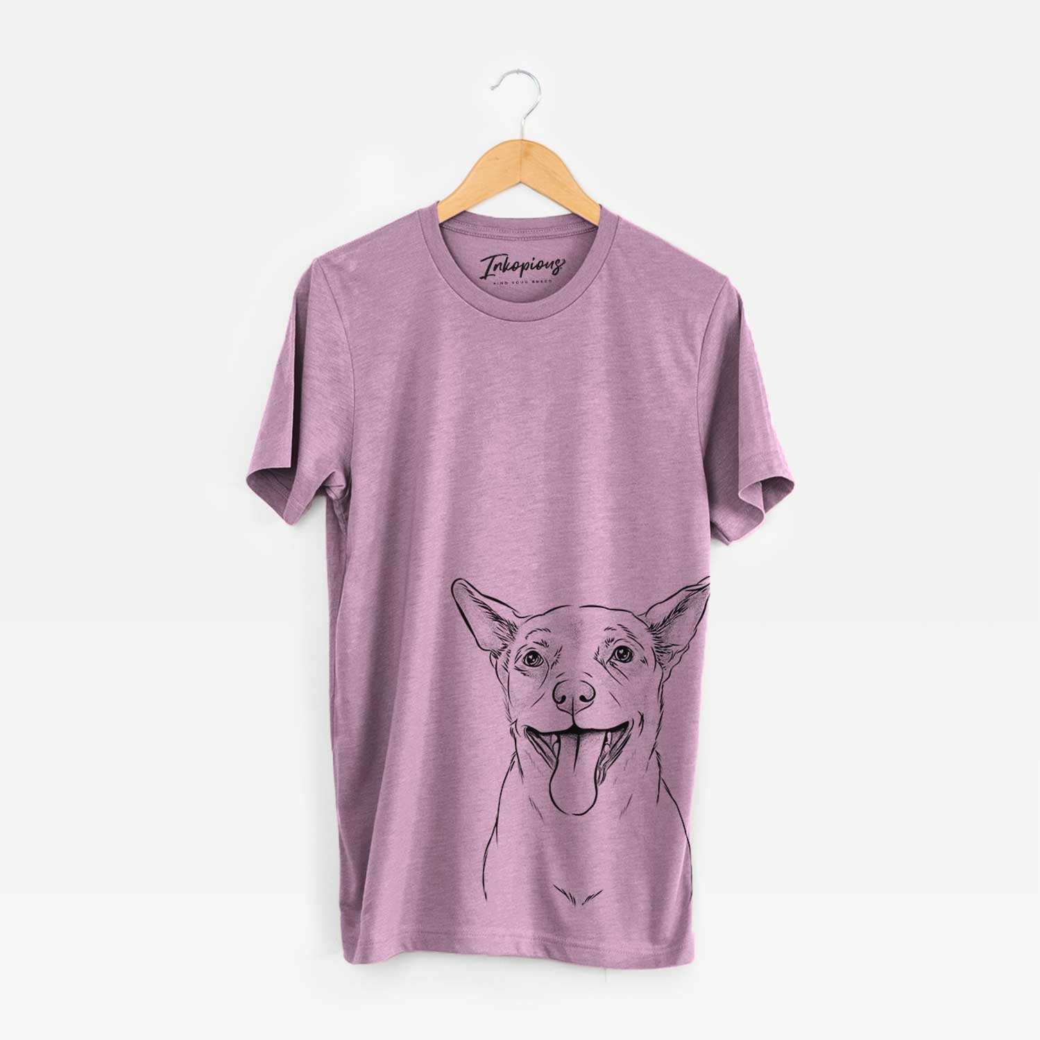 Hand-drawn sketch of Archie the Chihuahua Mix on an Orchid Bella Canvas Unisex Crewneck