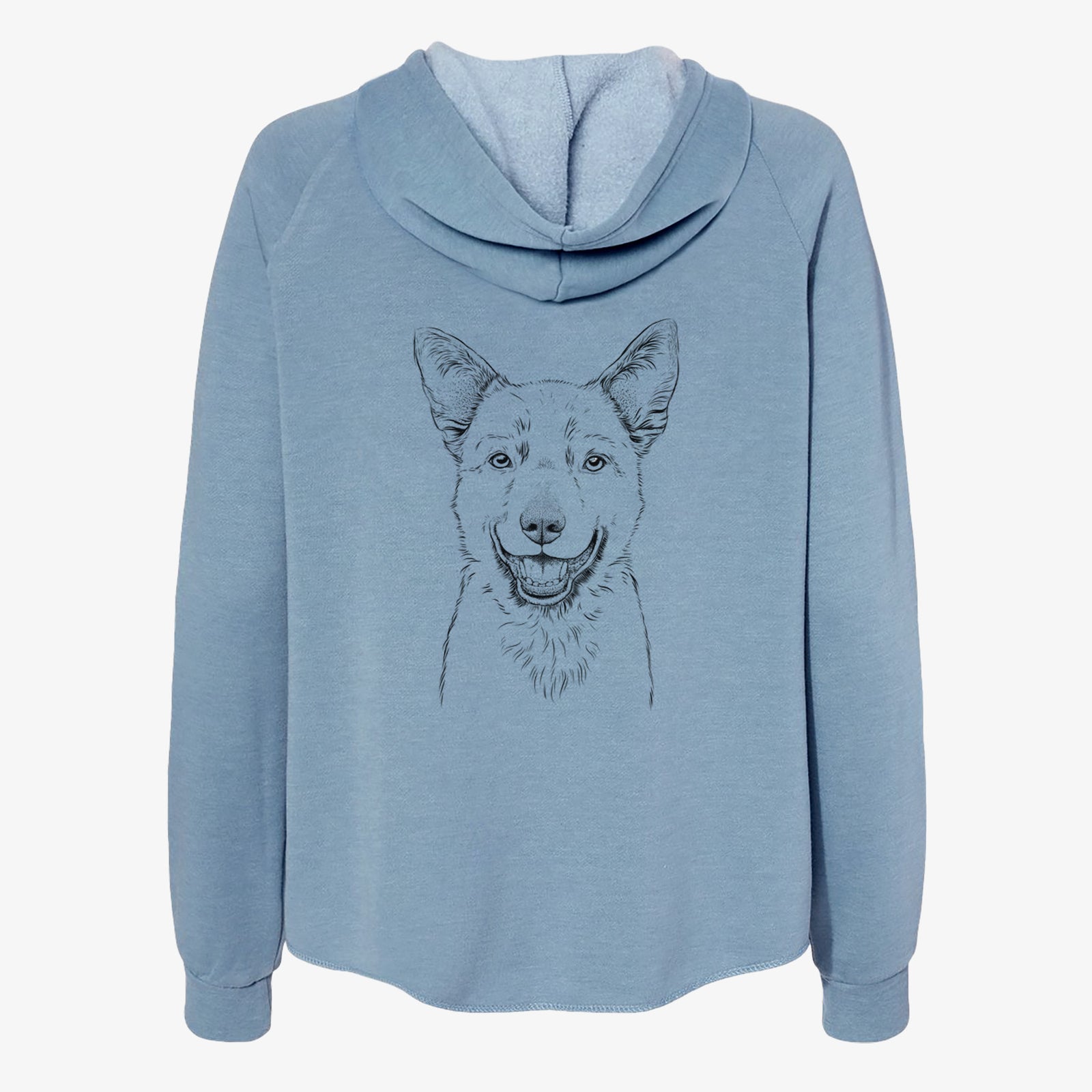 Hand-drawn sketch of Arden the Australian Kelpie on a Misty Blue Women's cali wave zip-up sweatshirt