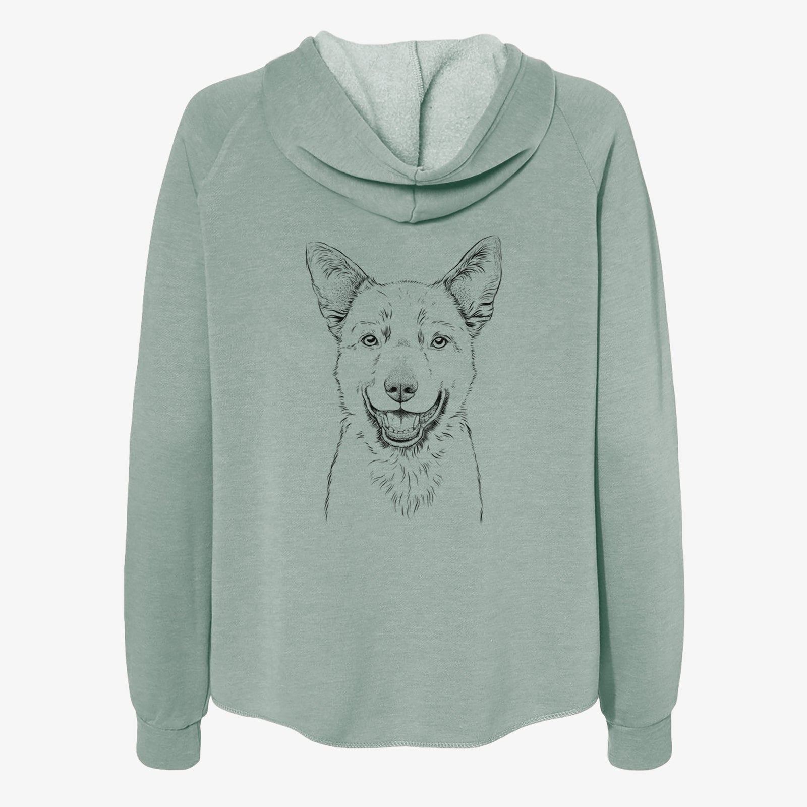 Hand-drawn sketch of Arden the Australian Kelpie on a Sage Women's cali wave zip-up sweatshirt
