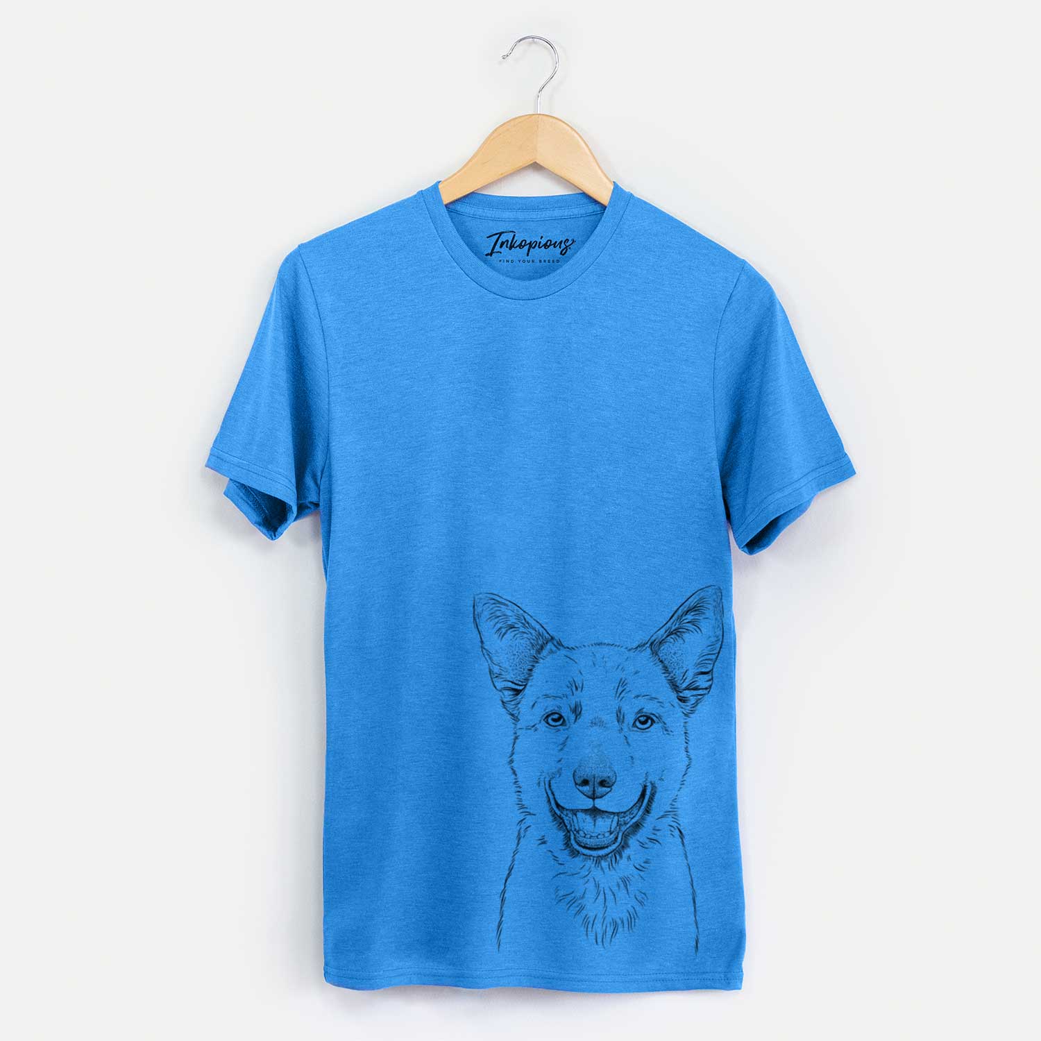 Hand-drawn sketch of Arden the Australian Kelpie on a Blue Unisex crewneck