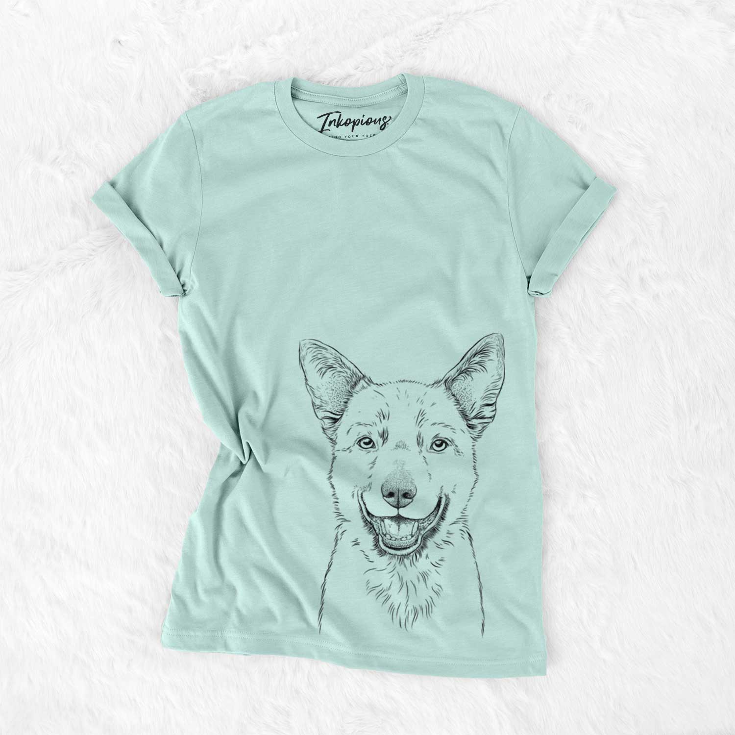 Hand-drawn sketch of Arden the Australian Kelpie on a Heather Sage Unisex crewneck