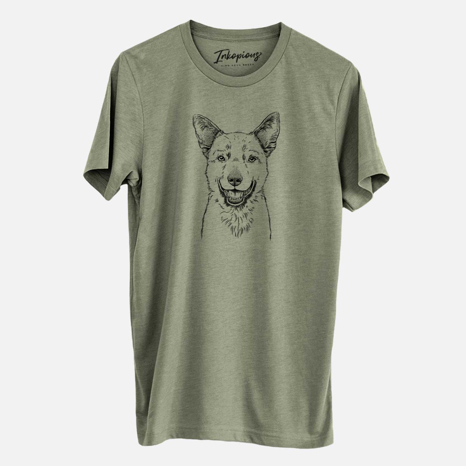 Hand-drawn sketch of Arden the Australian Kelpie on an Olive Unisex crewneck