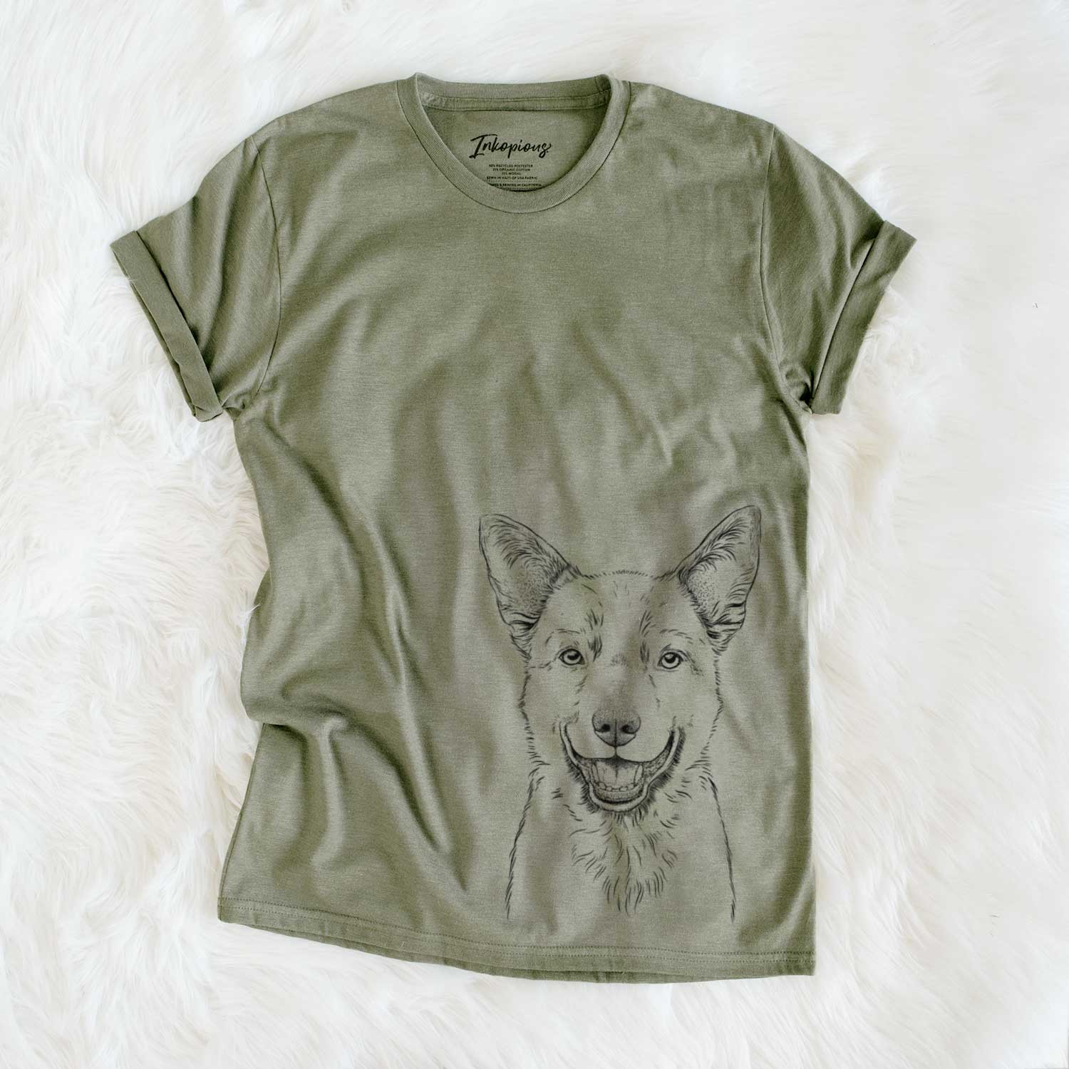 Hand-drawn sketch of Arden the Australian Kelpie on an Olive Unisex crewneck