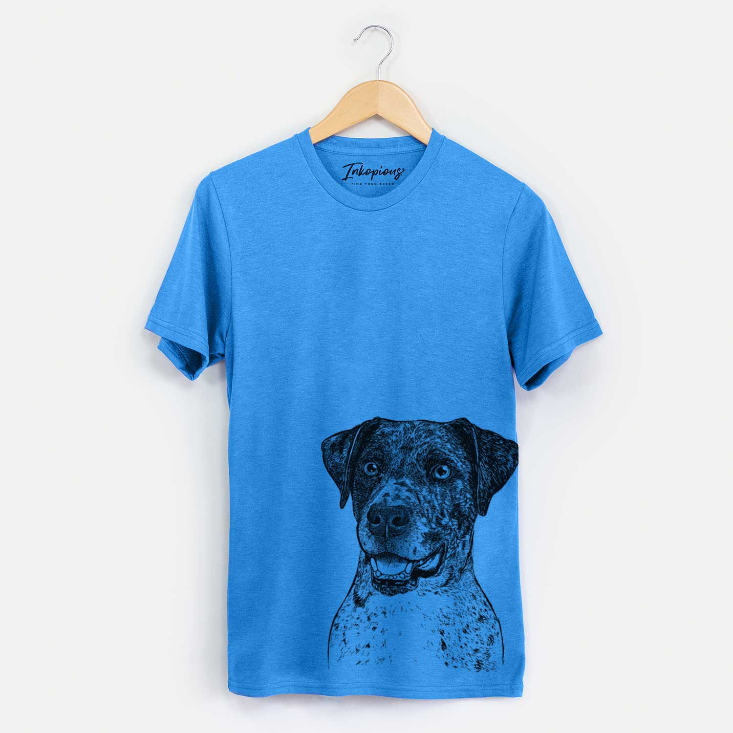 Hand-drawn sketch of Argos the Catahoula on a Blue Unisex crewneck