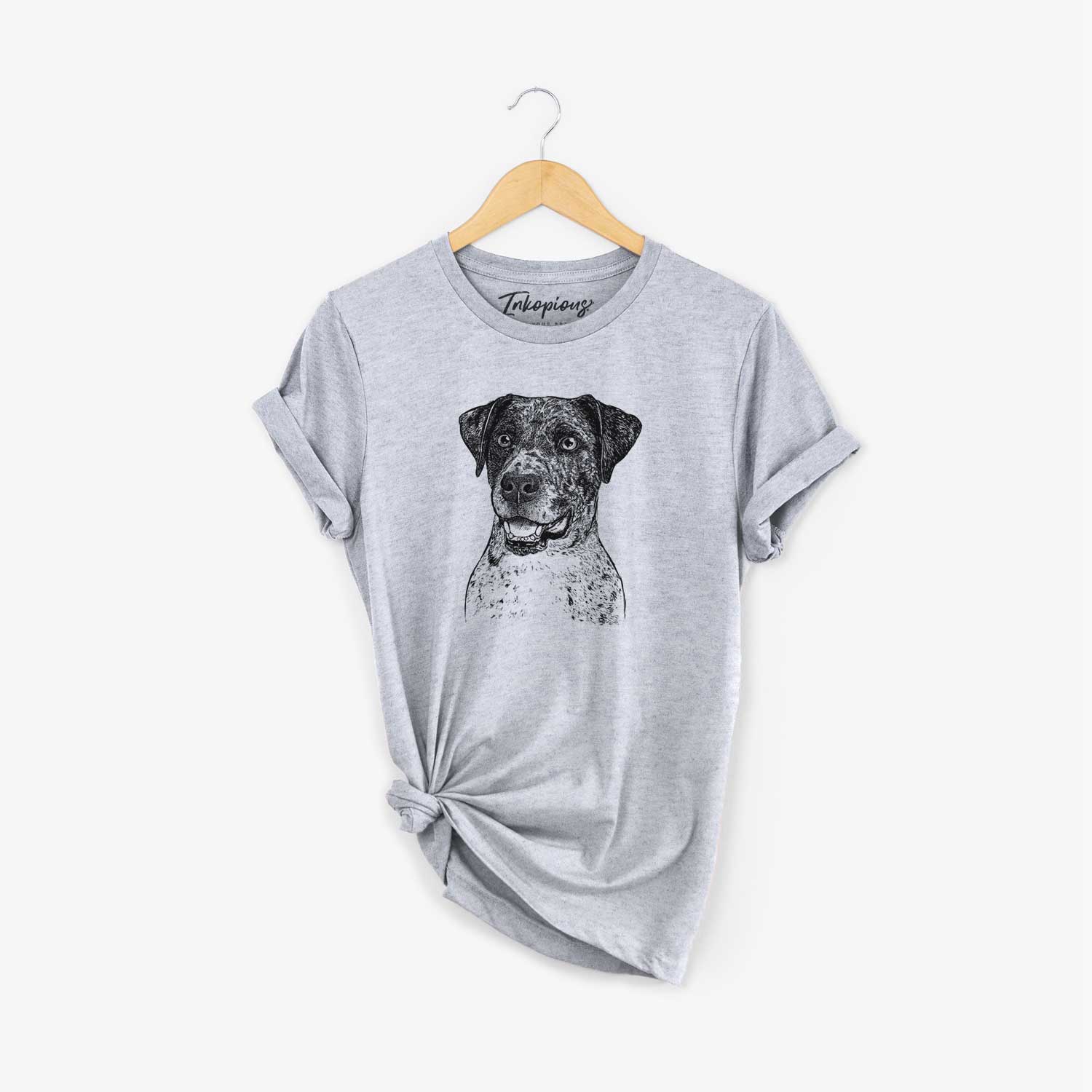 Hand-drawn sketch of Argos the Catahoula on a Grey Unisex crewneck