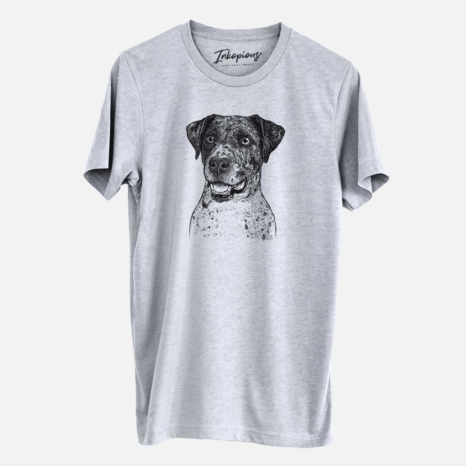 Hand-drawn sketch of Argos the Catahoula on a Grey Unisex crewneck