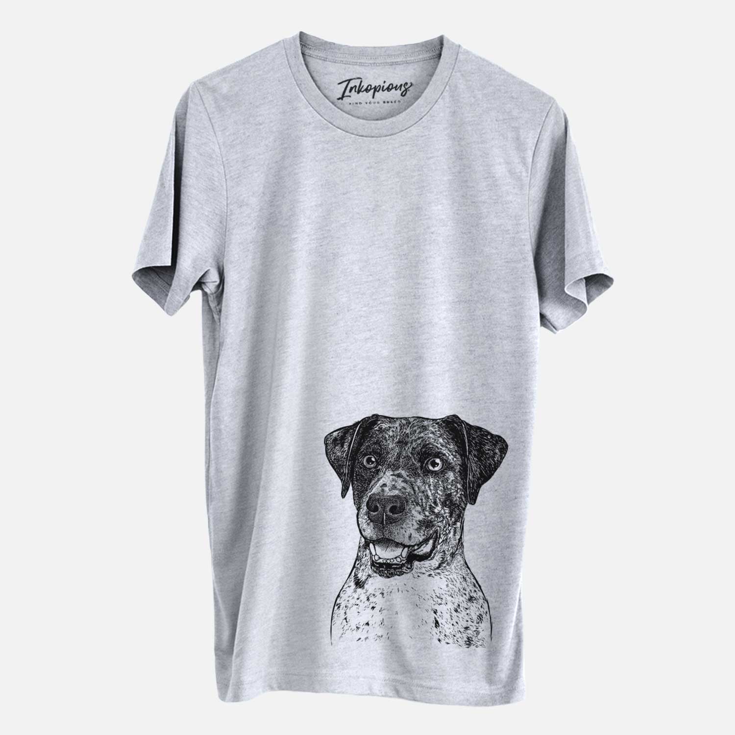 Hand-drawn sketch of Argos the Catahoula on a Grey Unisex crewneck