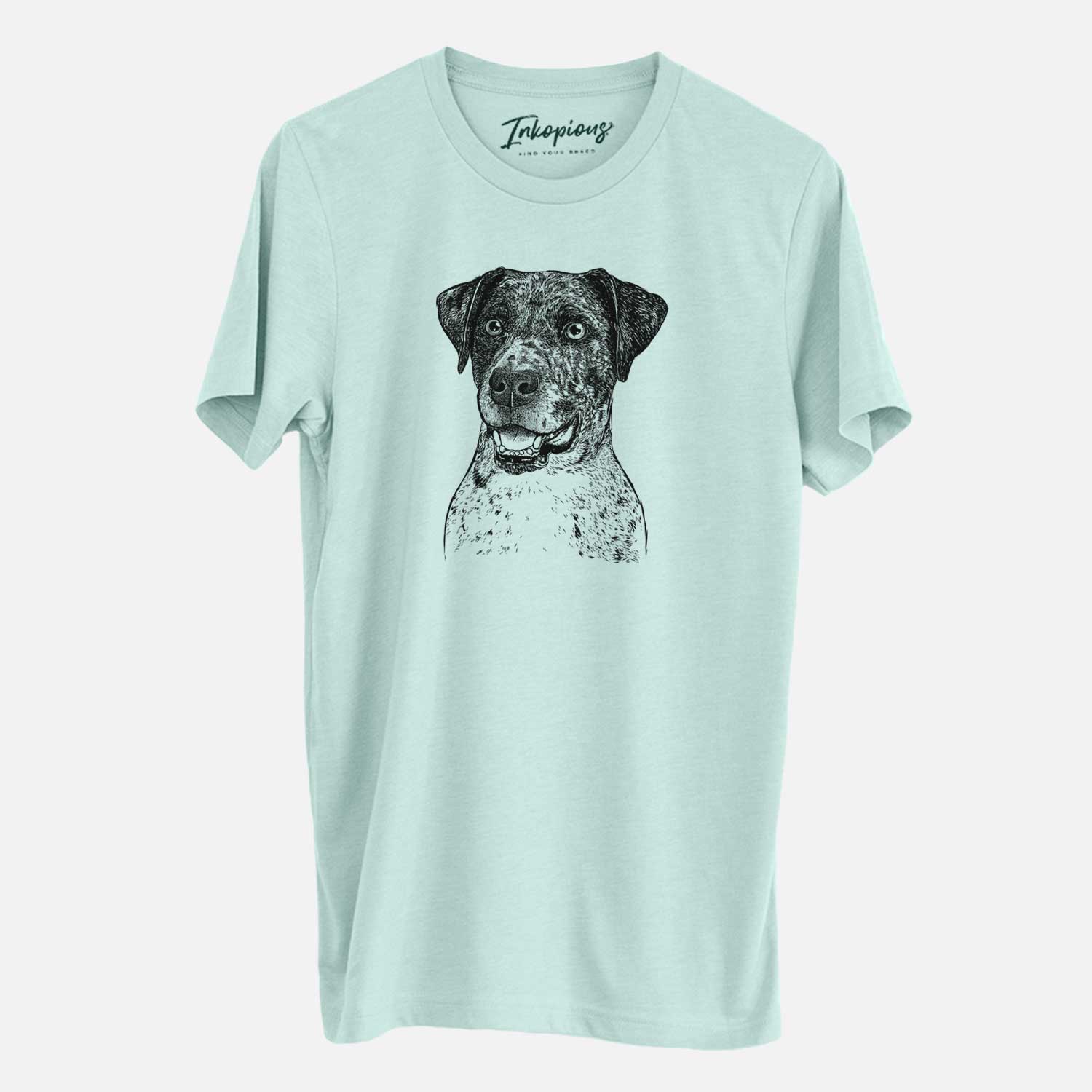 Hand-drawn sketch of Argos the Catahoula on a Heather Sage Unisex crewneck