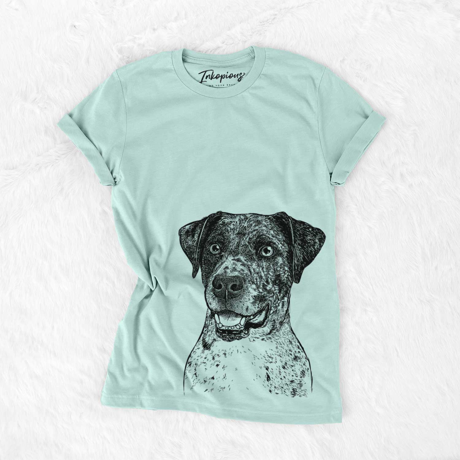 Hand-drawn sketch of Argos the Catahoula on a Heather Sage Unisex crewneck